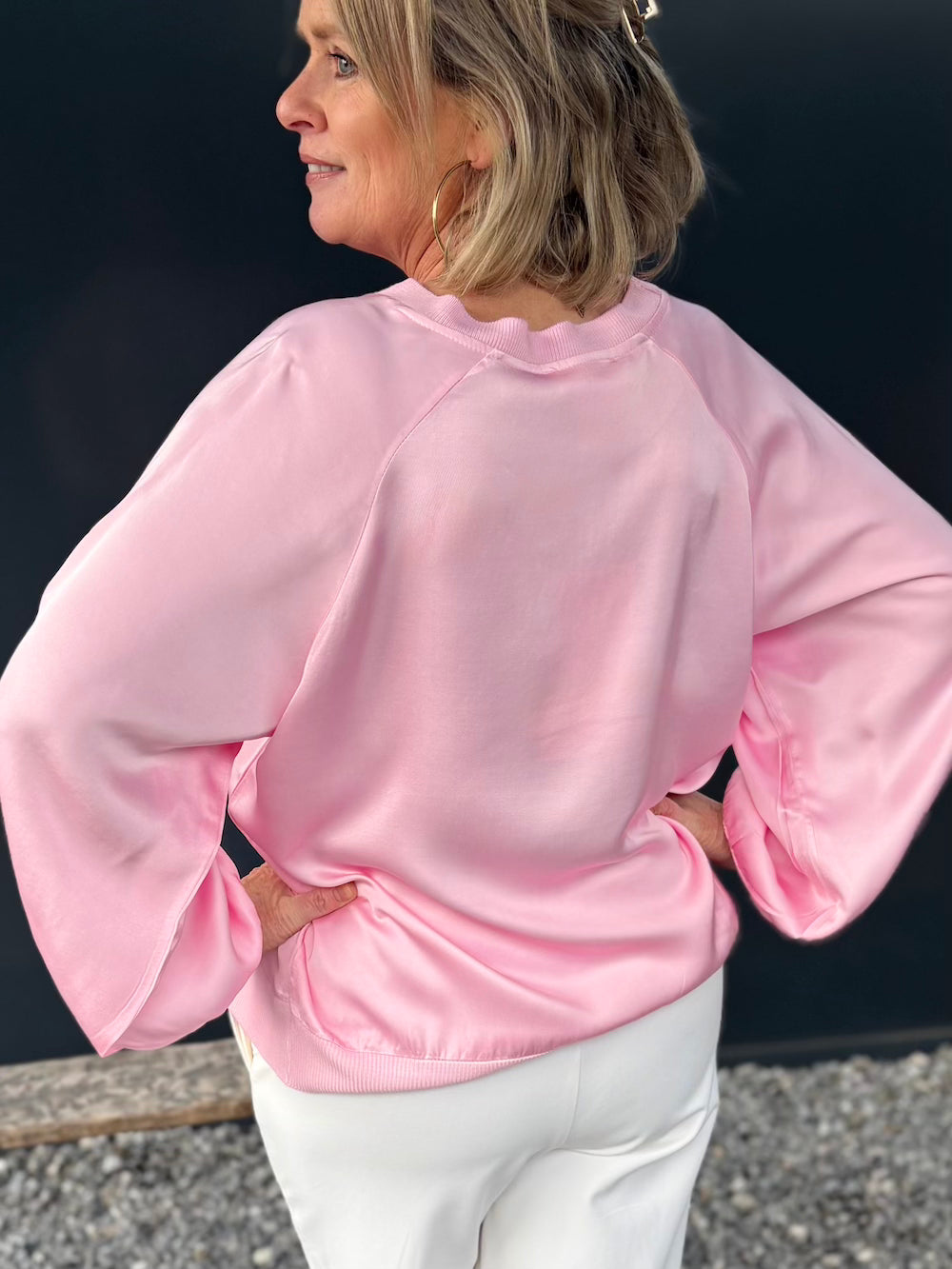 Longsleeve viscose glanzend met boord roze