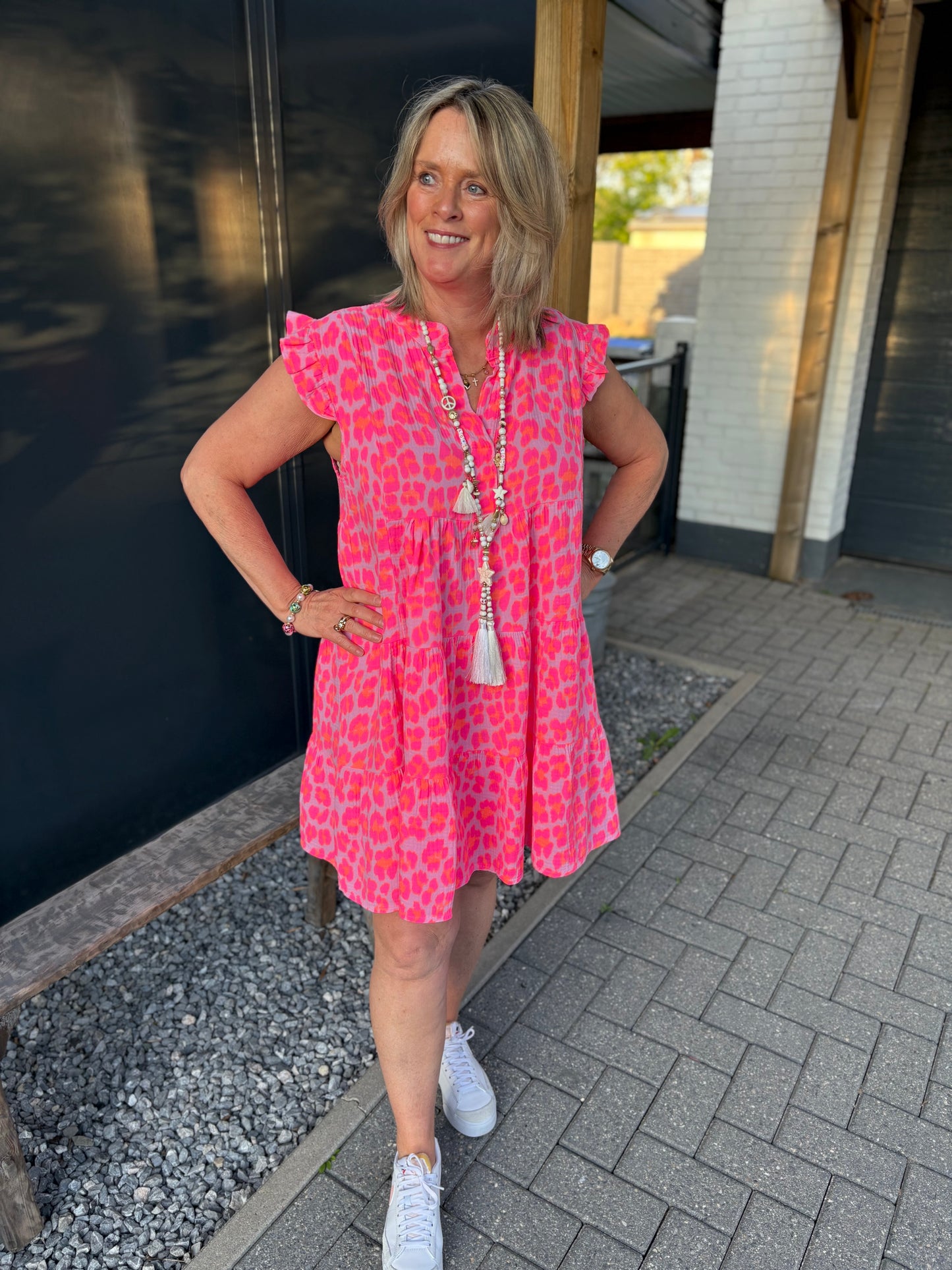 Jurkje tetra kort grote luipaard print neon pink