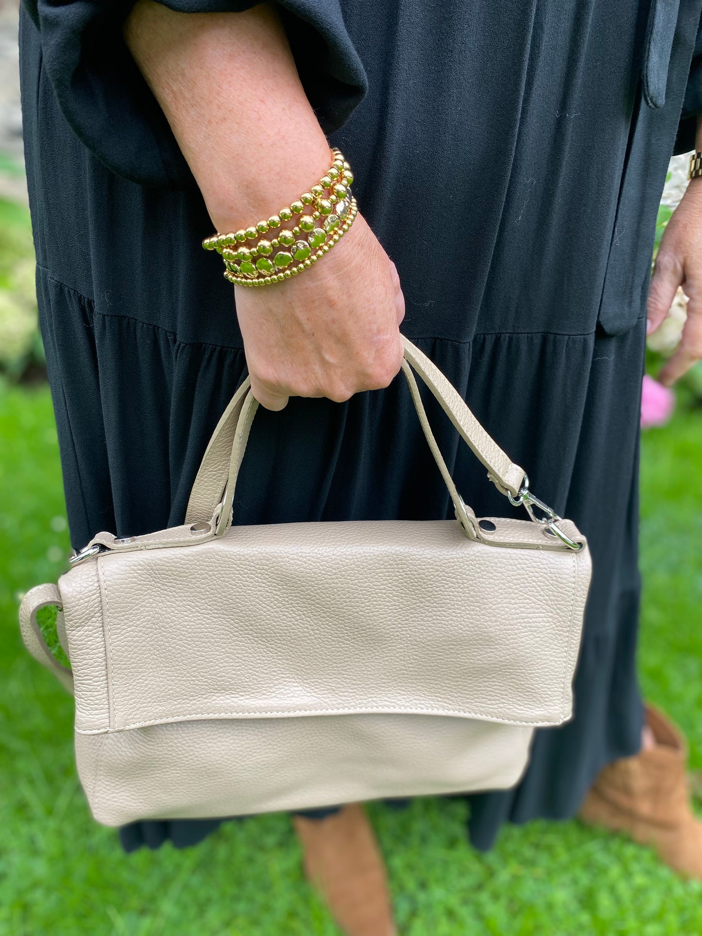 Schoudertas echt leer beige