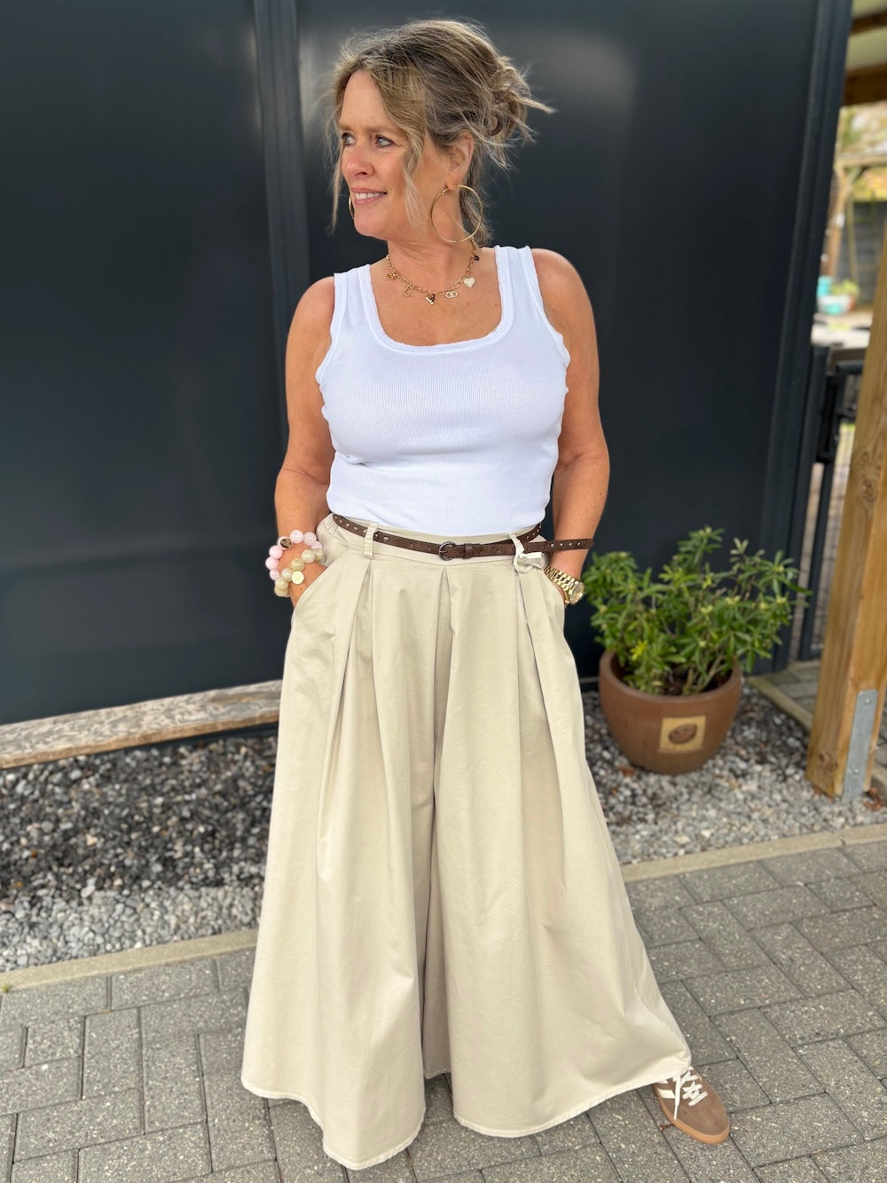 Palazzo broek met riem beige