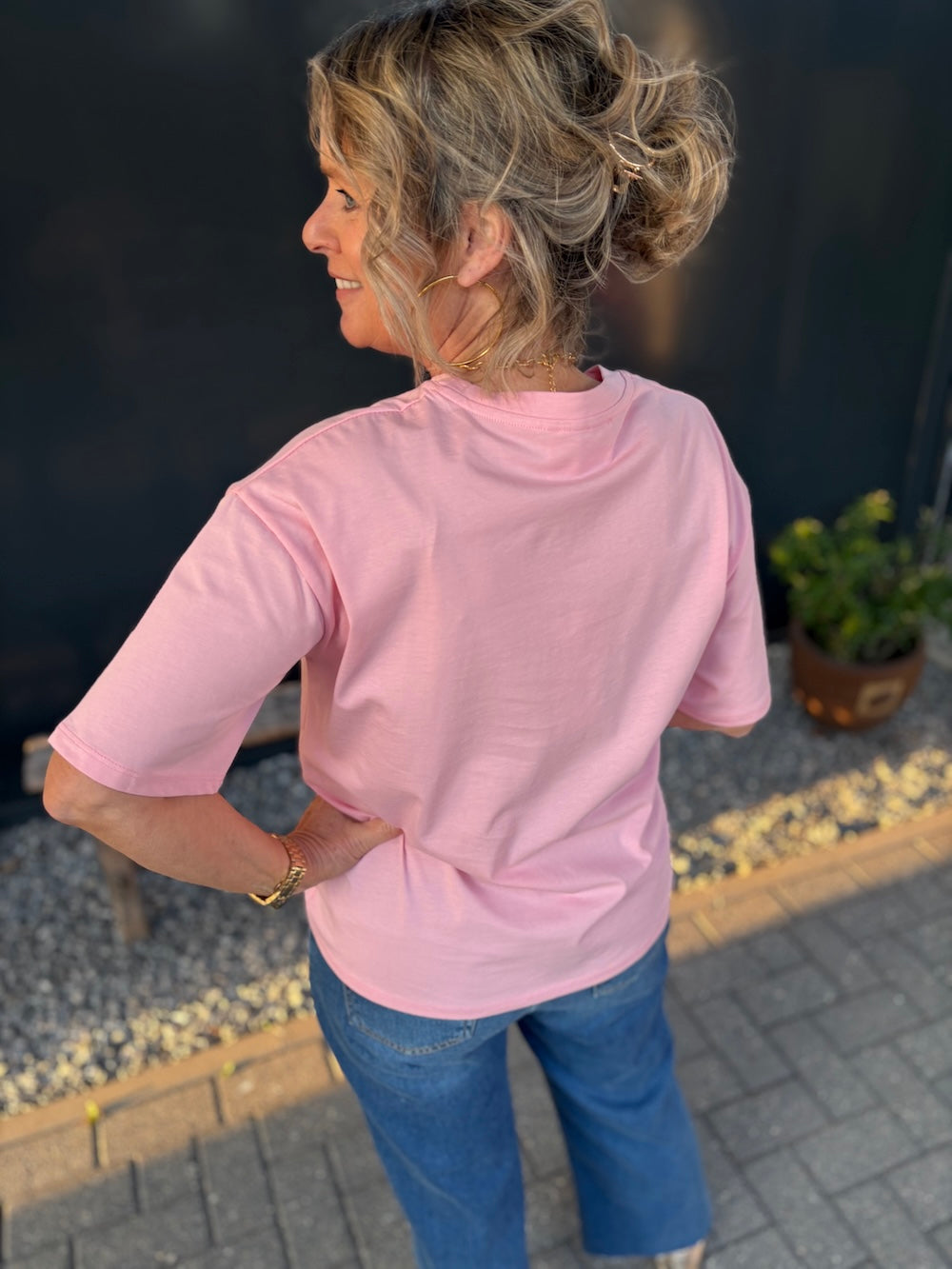 T-shirt met teckel applicatie roze