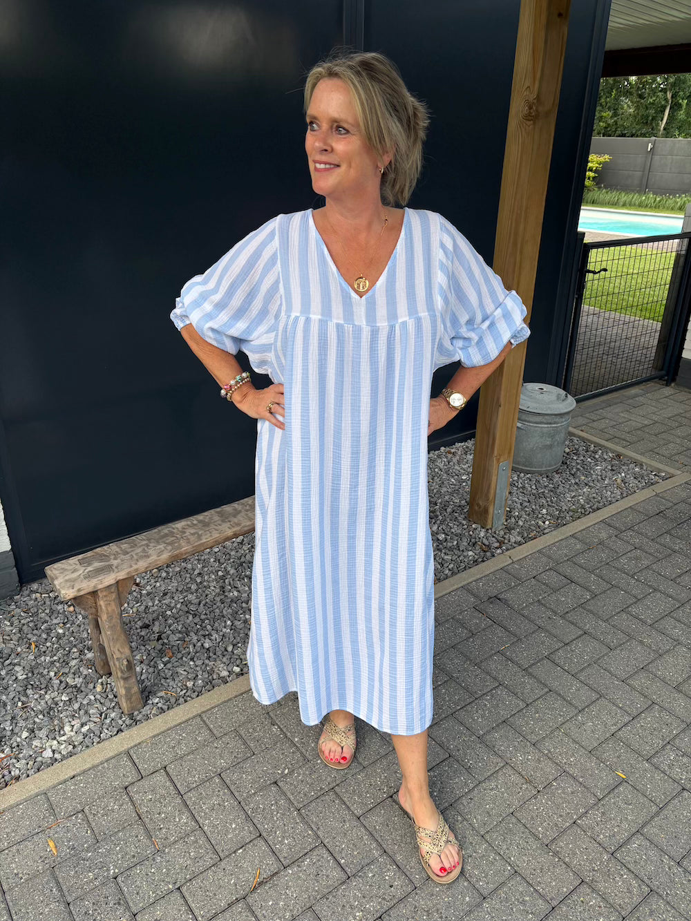 Maxi dress gestreept 3/4 mouw blauw wit