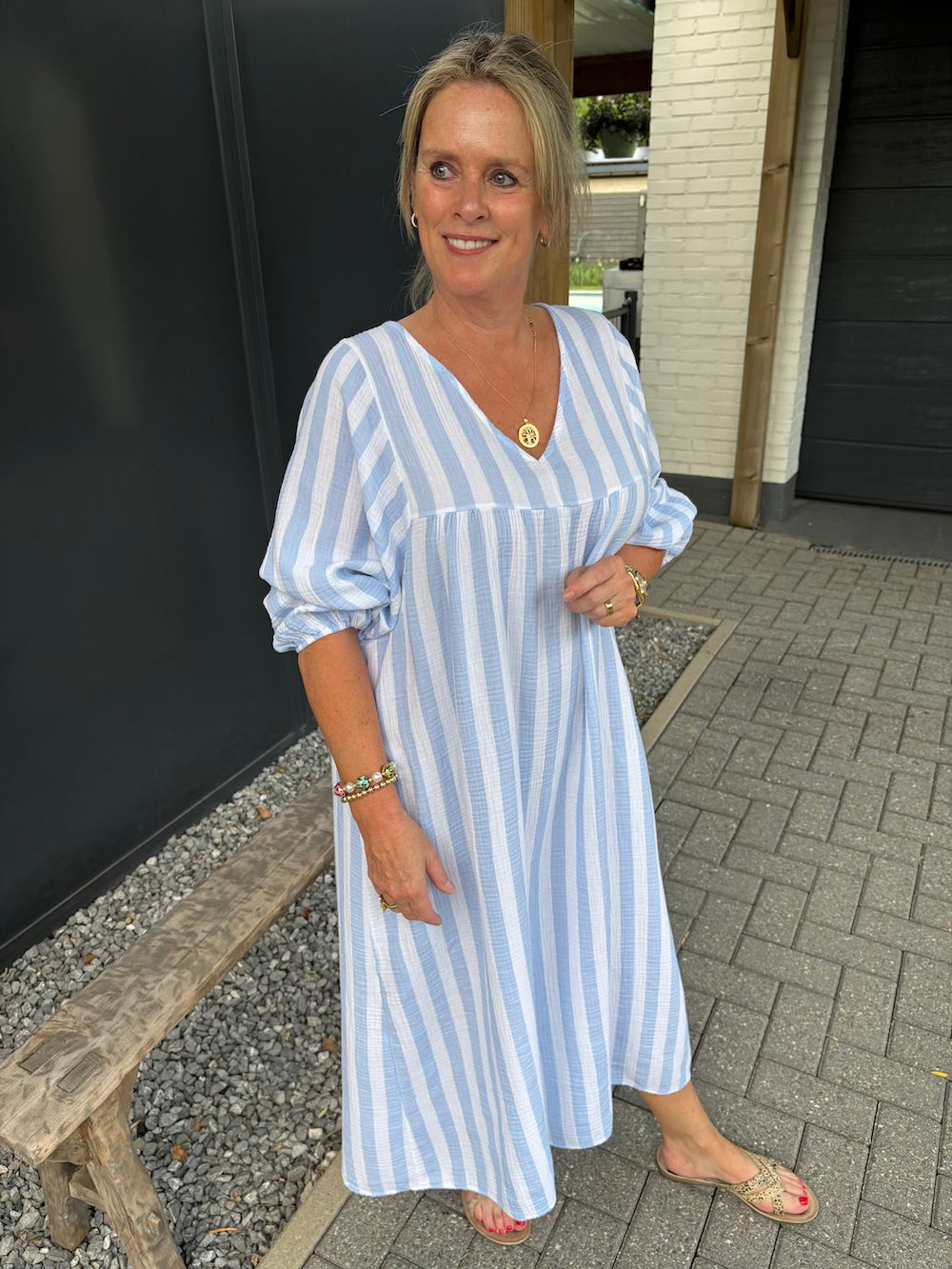 Maxi dress gestreept 3/4 mouw blauw wit