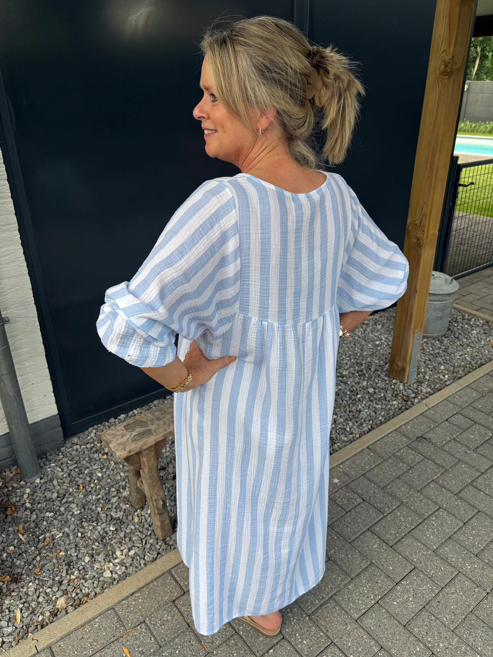 Maxi dress gestreept 3/4 mouw blauw wit