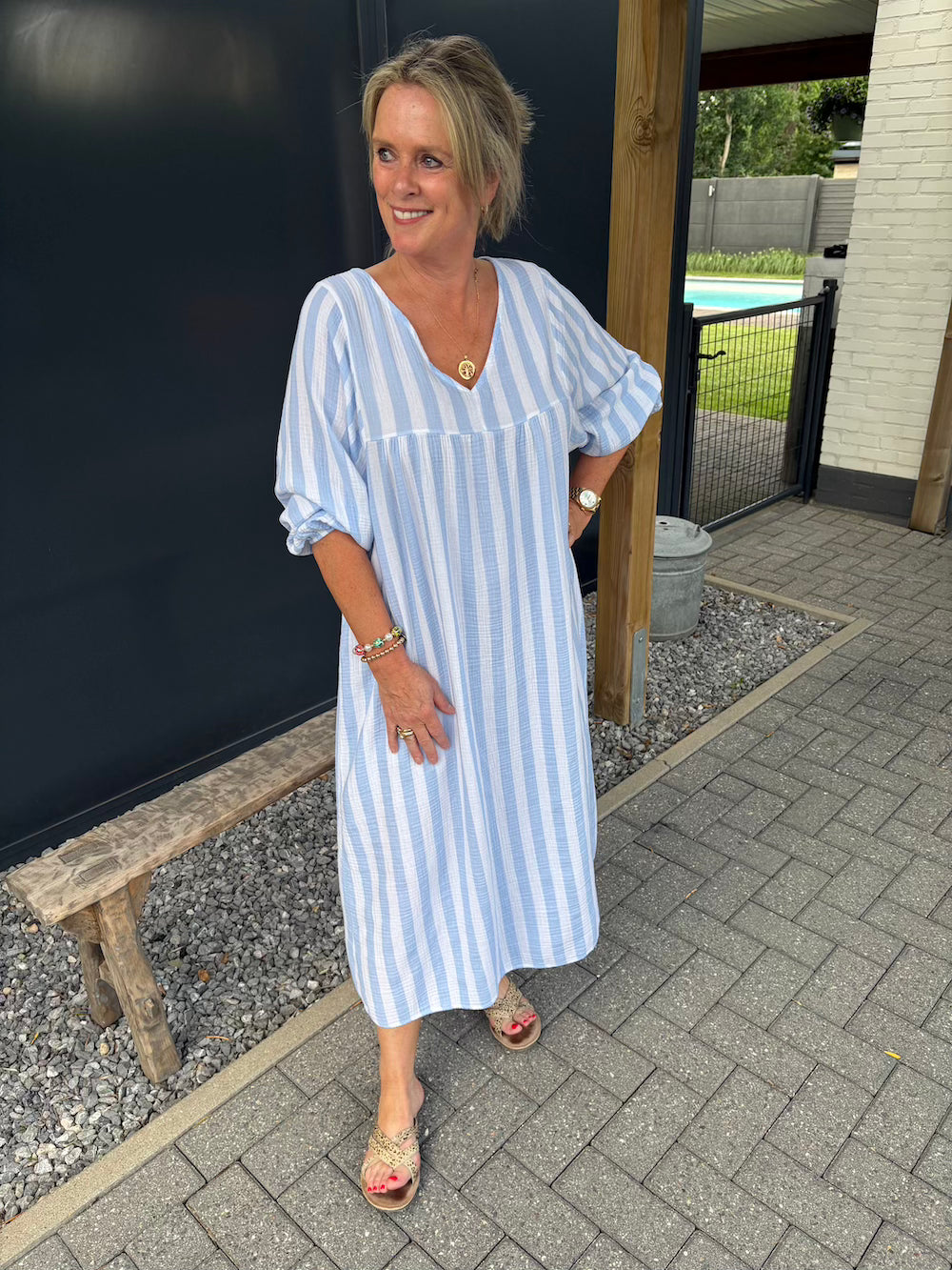 Maxi jurk gestreept blauw wit