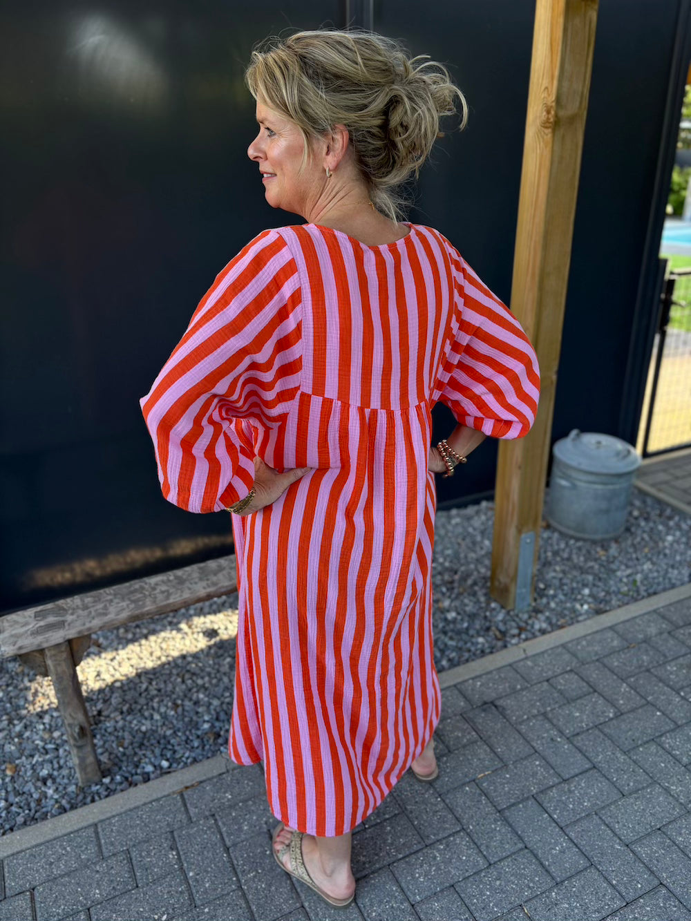 Maxi dress gestreept 3/4 mouw oranje/roze