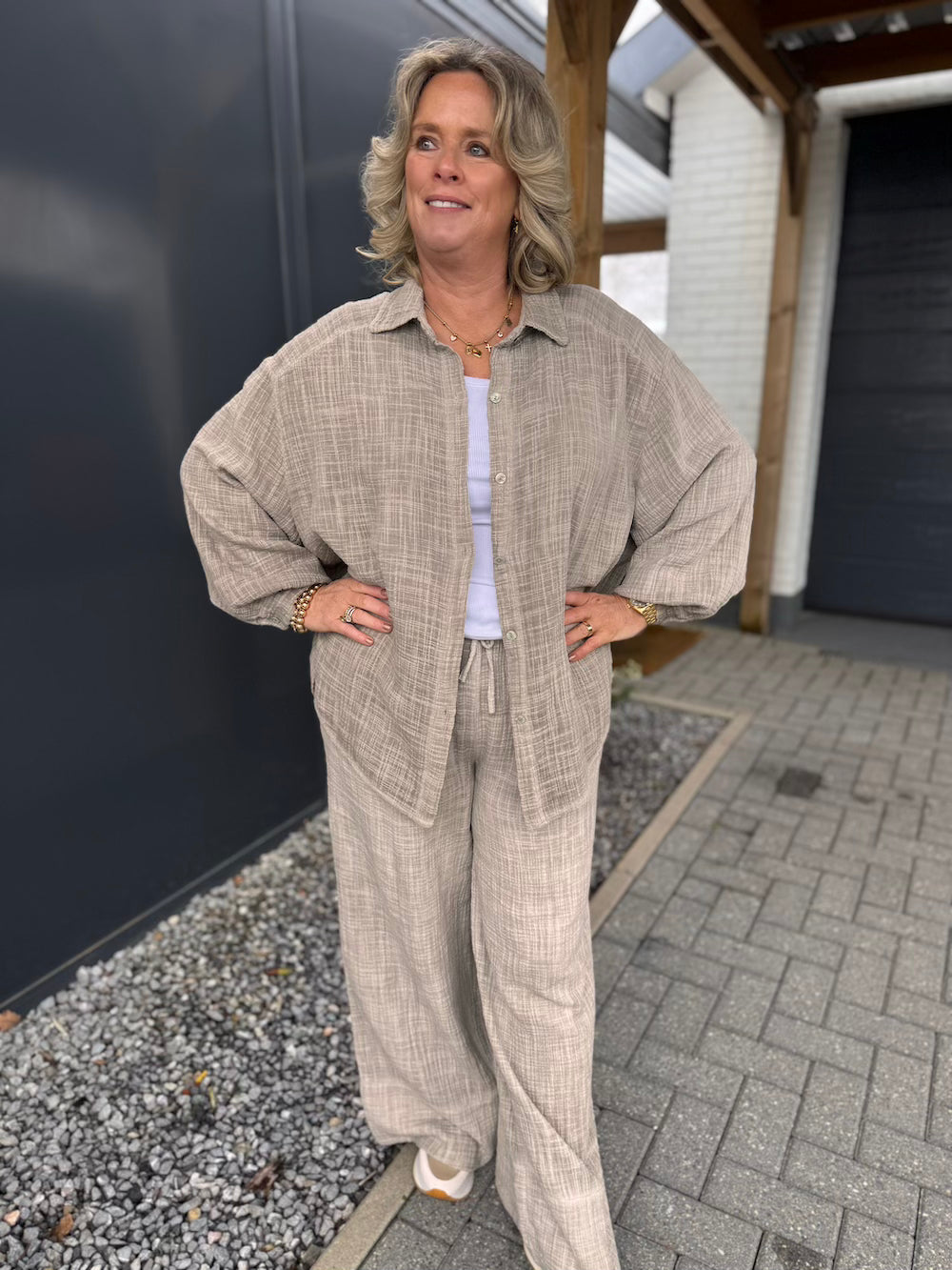 Broek met blouse katoen taupe/bruin