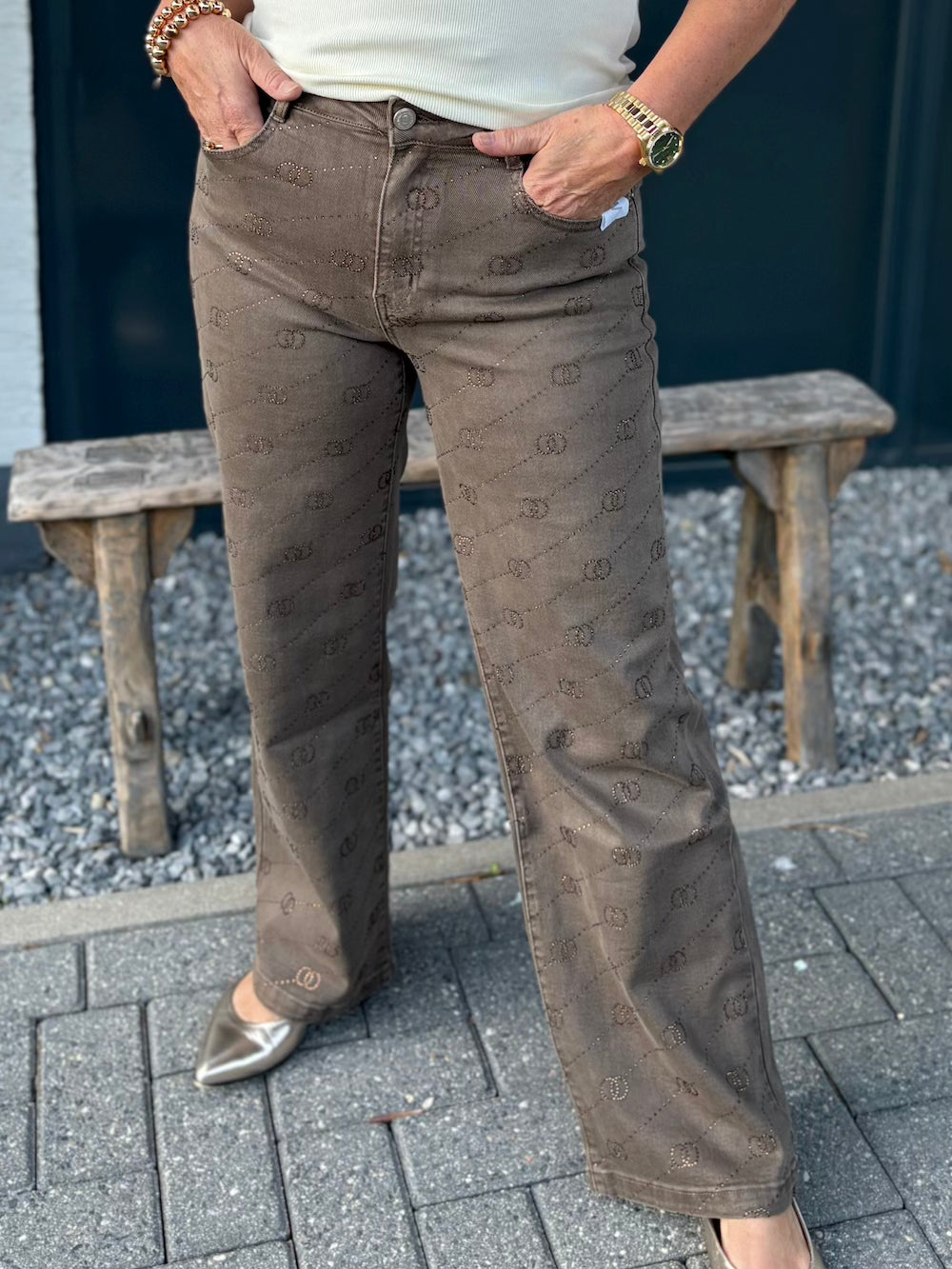Jeans bruin met bronzen glitters