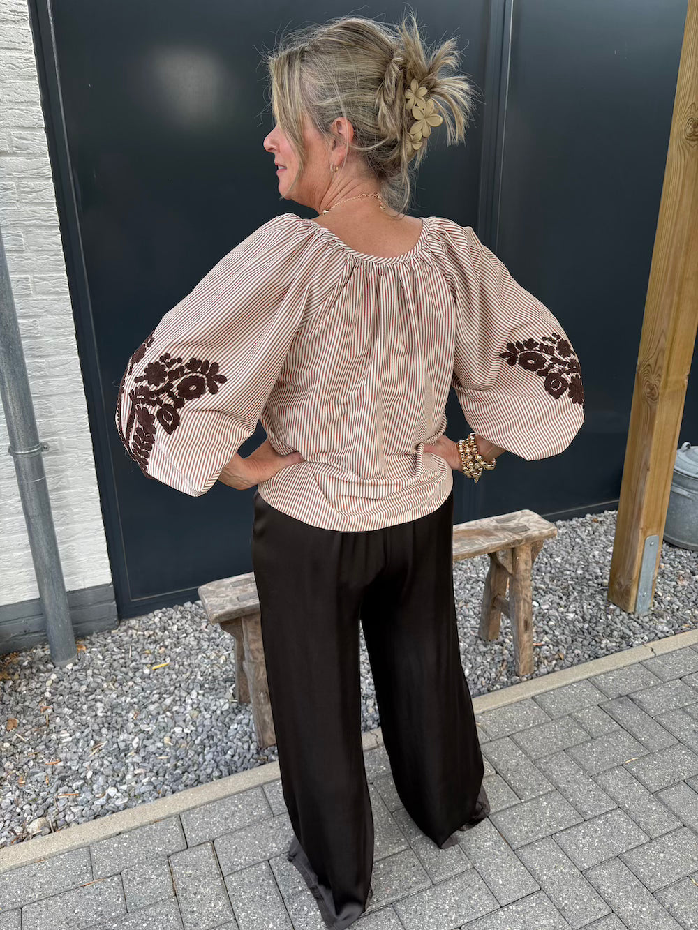 Blouse streep met bloem bruin creme