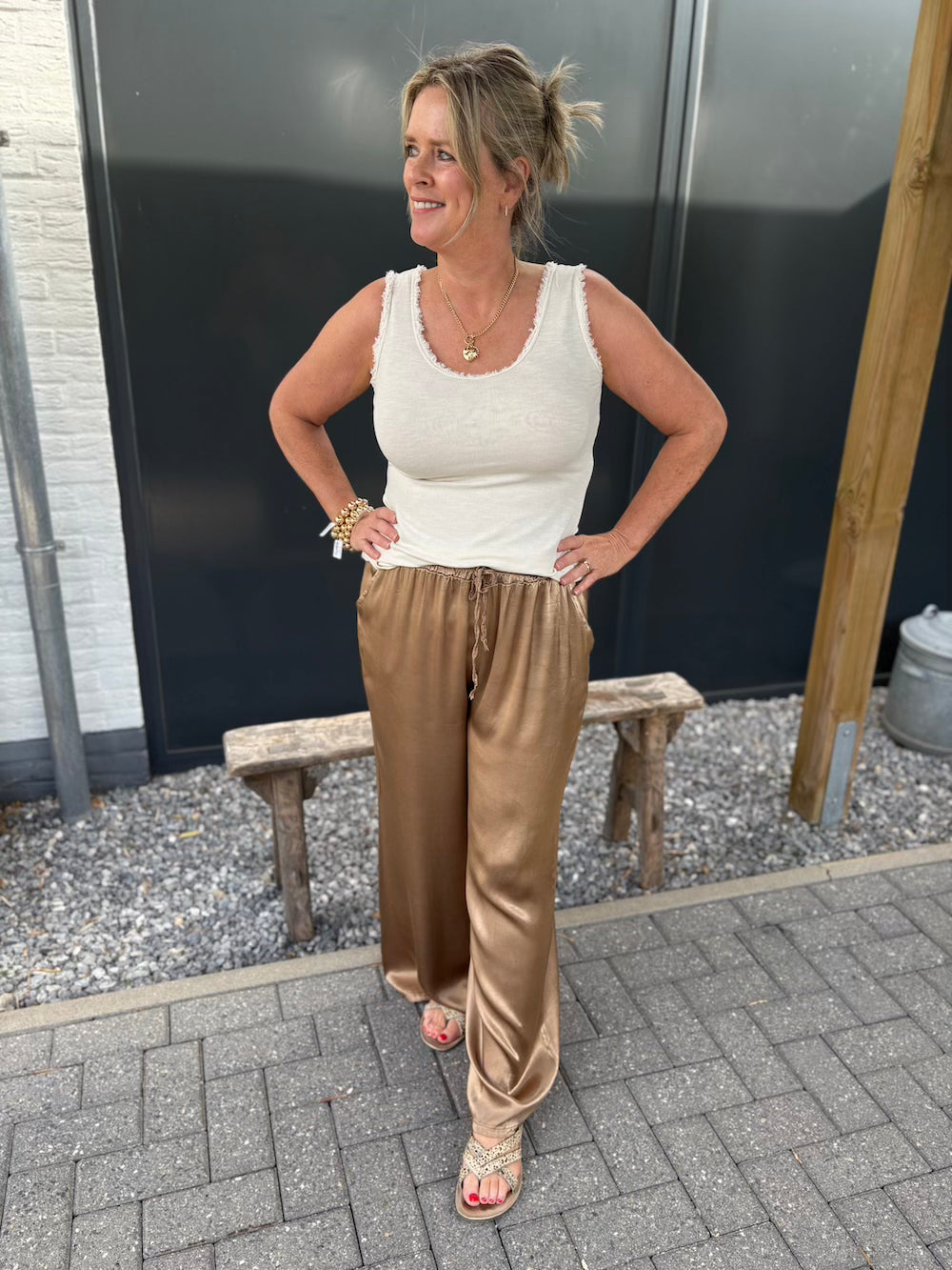 Broek viscose glanzend brons