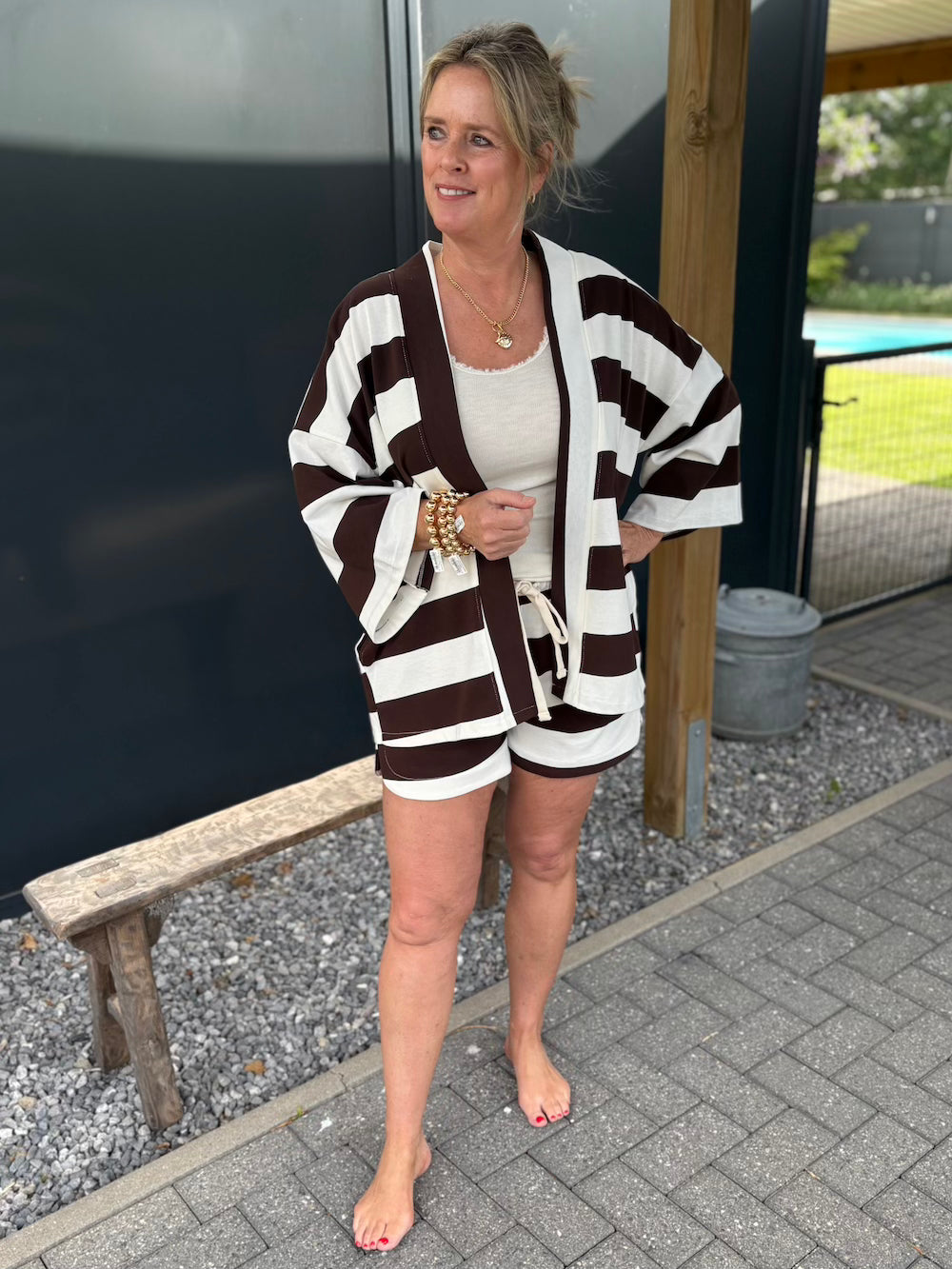 Short met vestje bruin wit gestreept