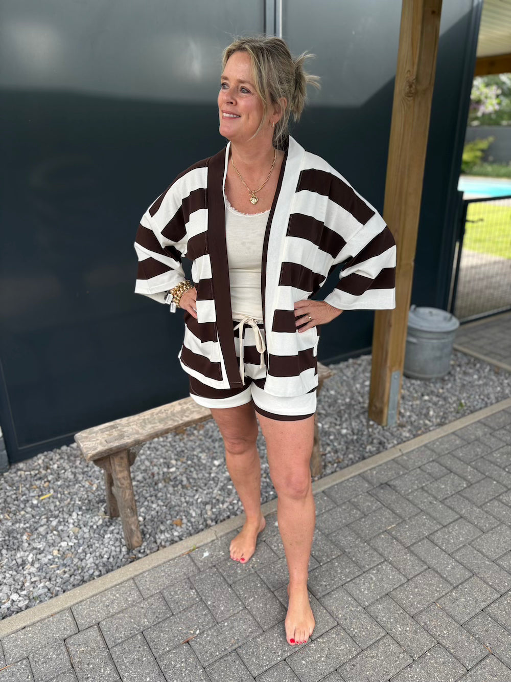 Short met vestje bruin wit gestreept