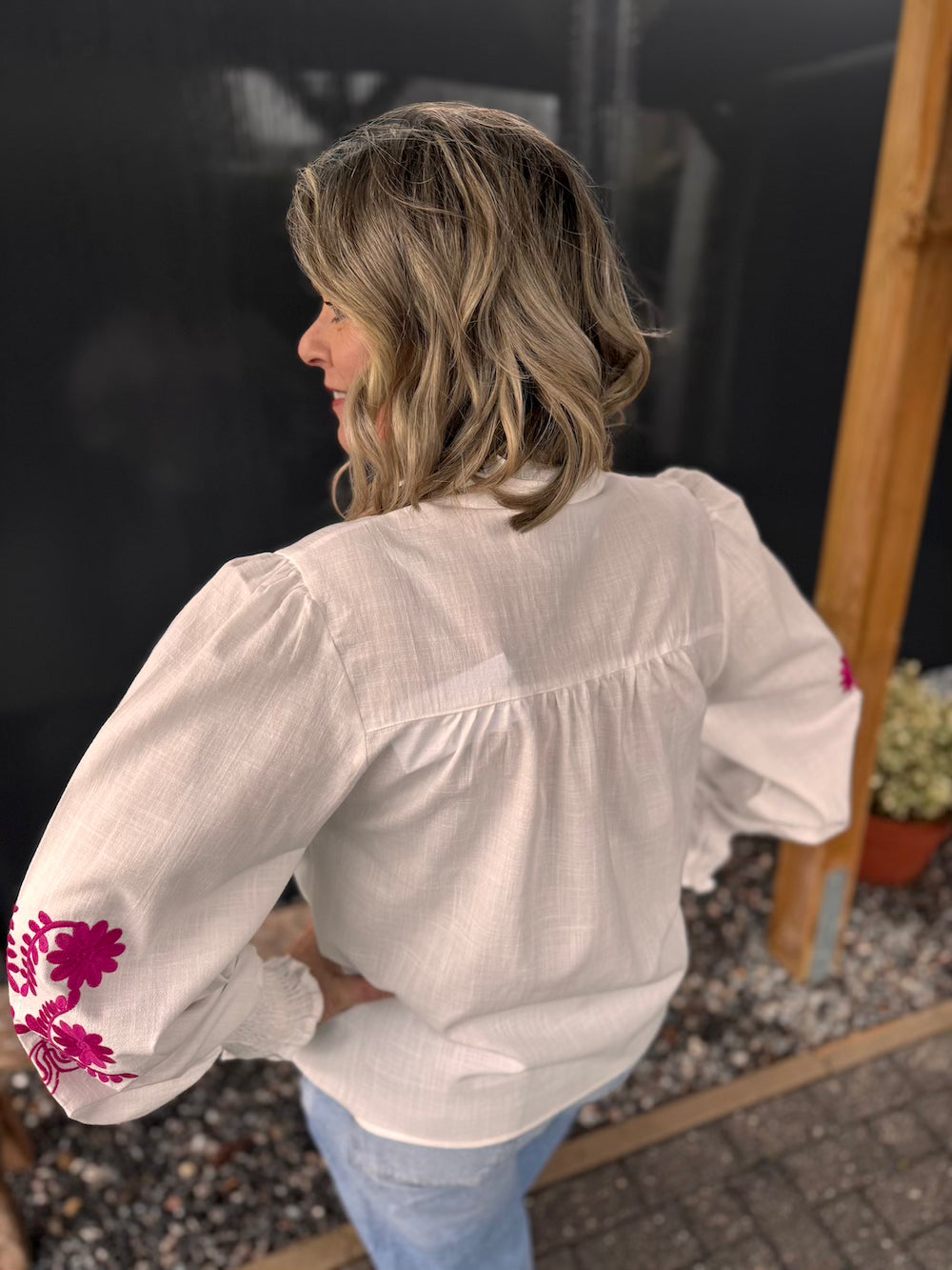 Blouse met geborduurde bloemenprint wit roze