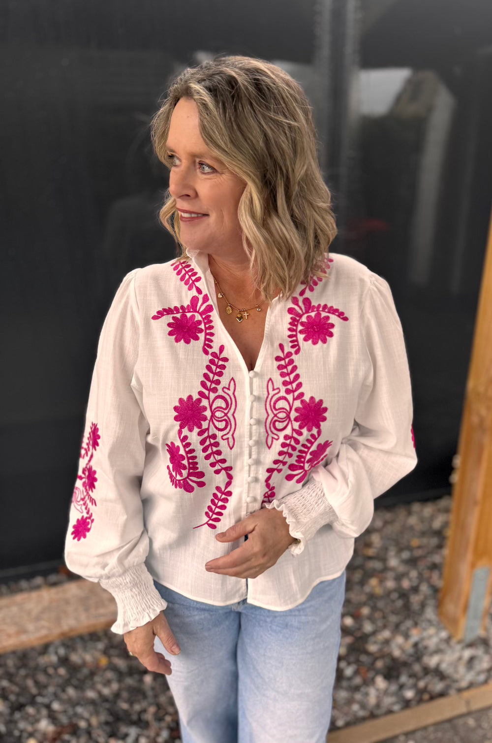 Blouse met geborduurde bloemenprint wit roze