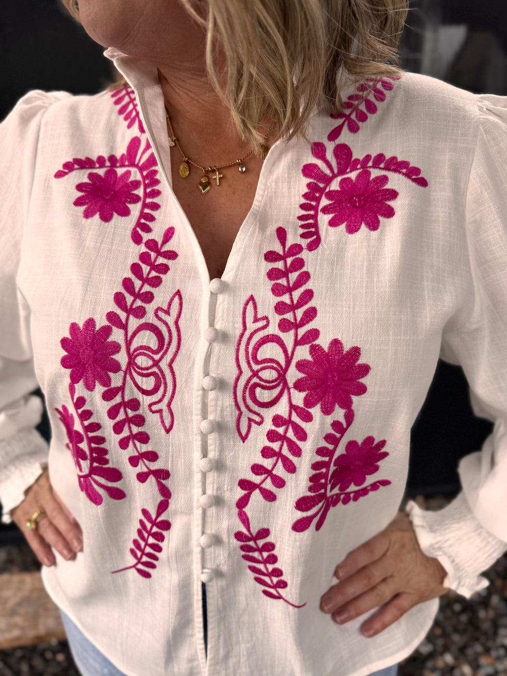 Blouse met geborduurde bloemenprint wit roze
