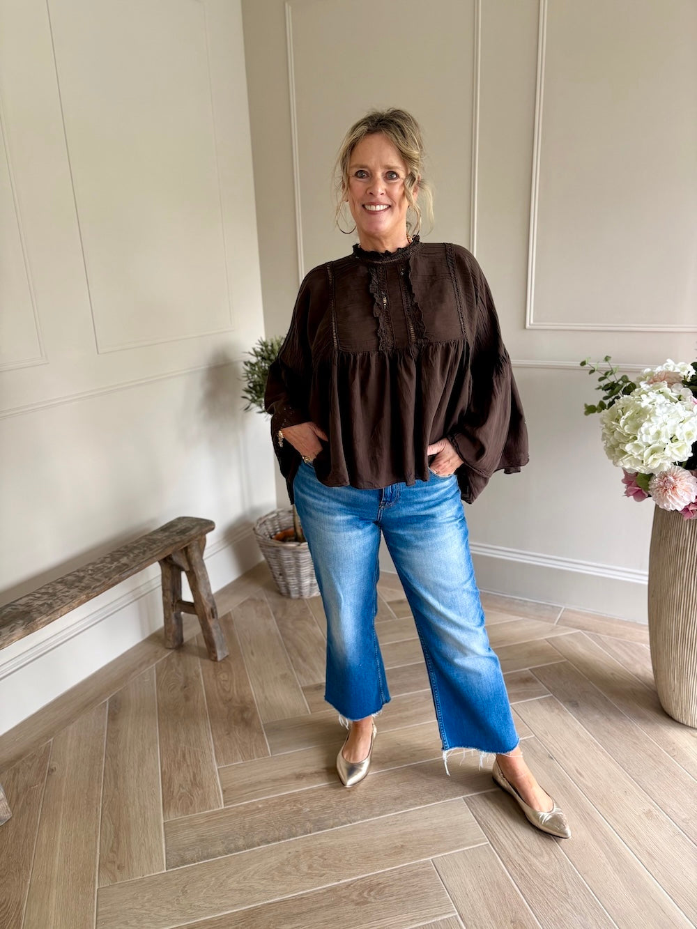 Katoenen blouse vleermuis mouw
