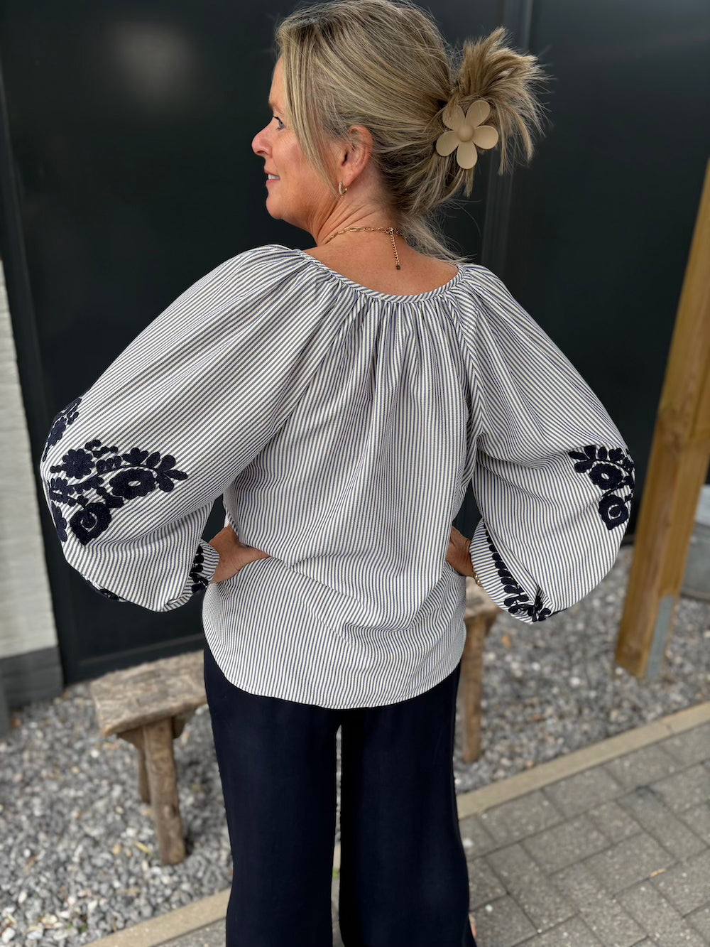 Blouse streep met bloem blauw/cremewit