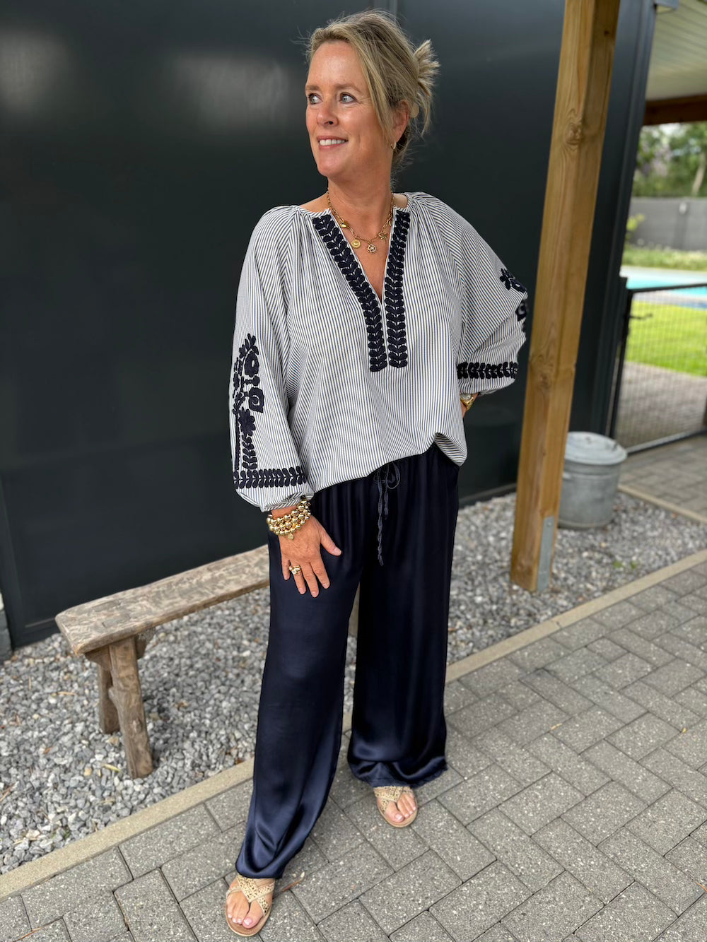 Broek viscose glanzend navy