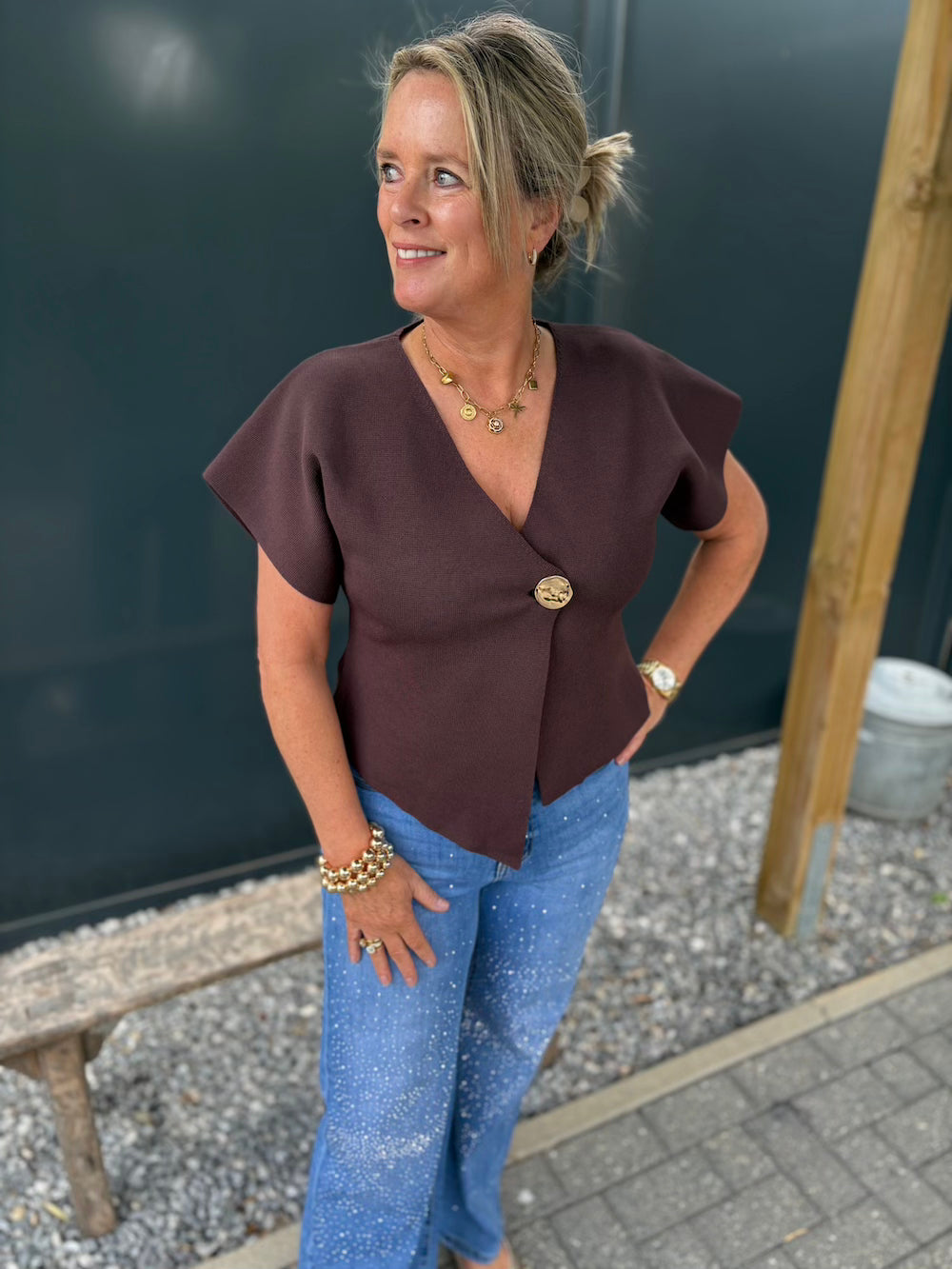 Gilet gouden knoop coffee