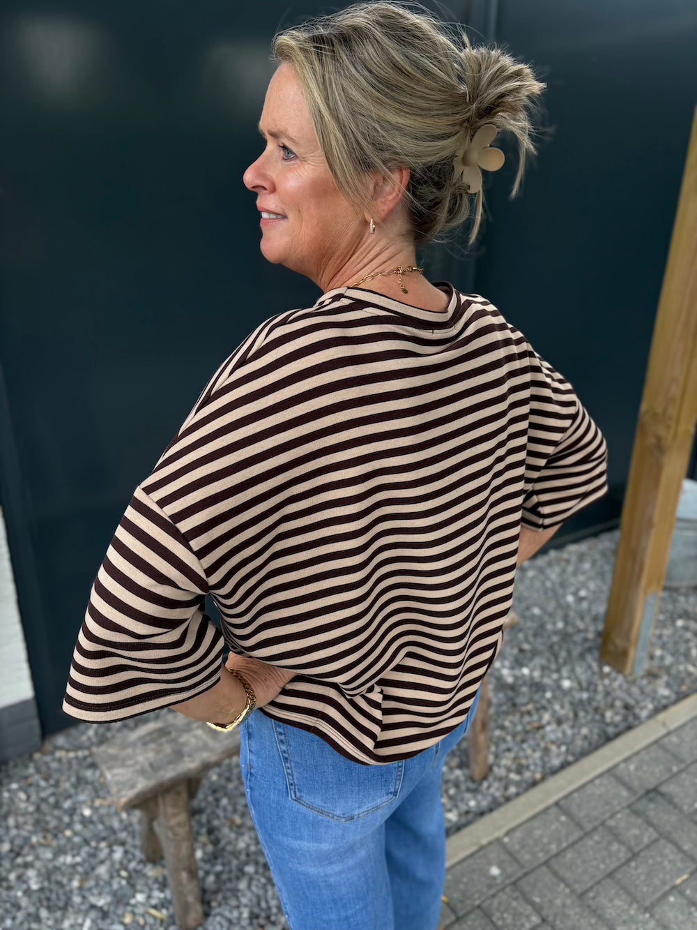 Shirt gestreept beige/ donkerbruin