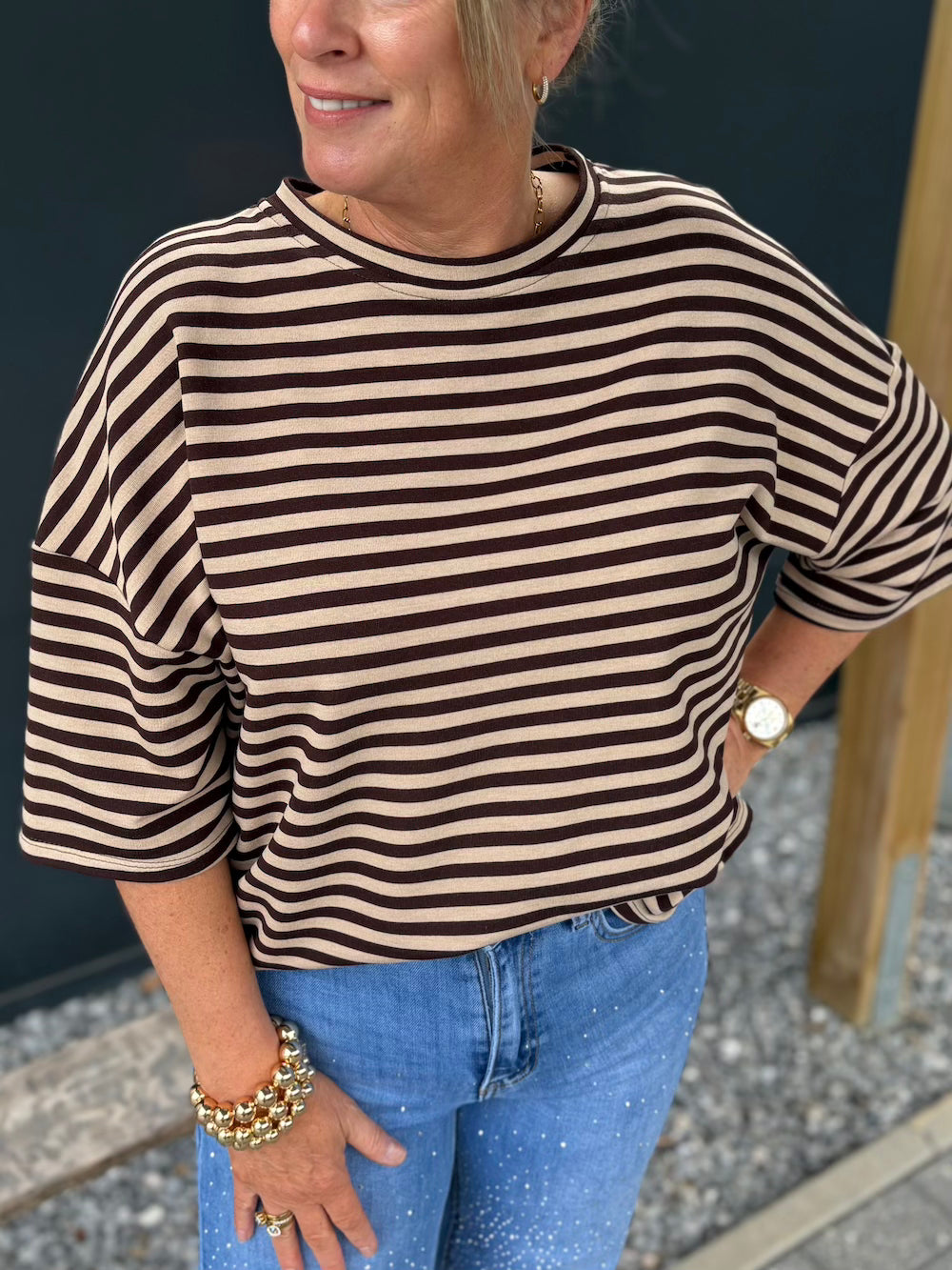 Shirt gestreept beige/ donkerbruin