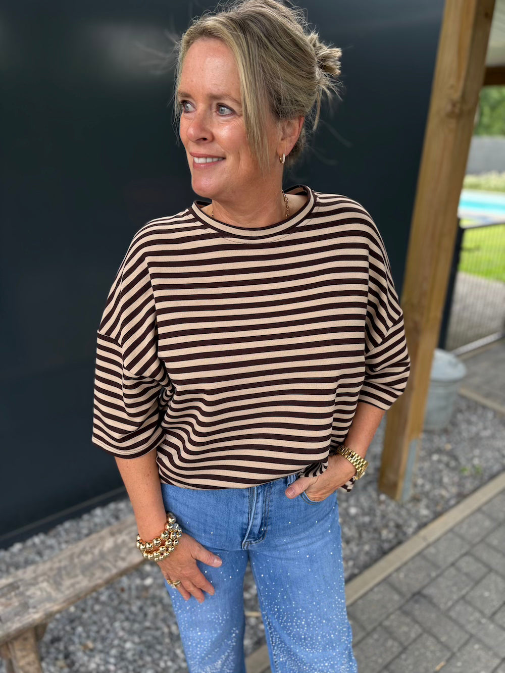 shirt gestreept donkerbruin beige