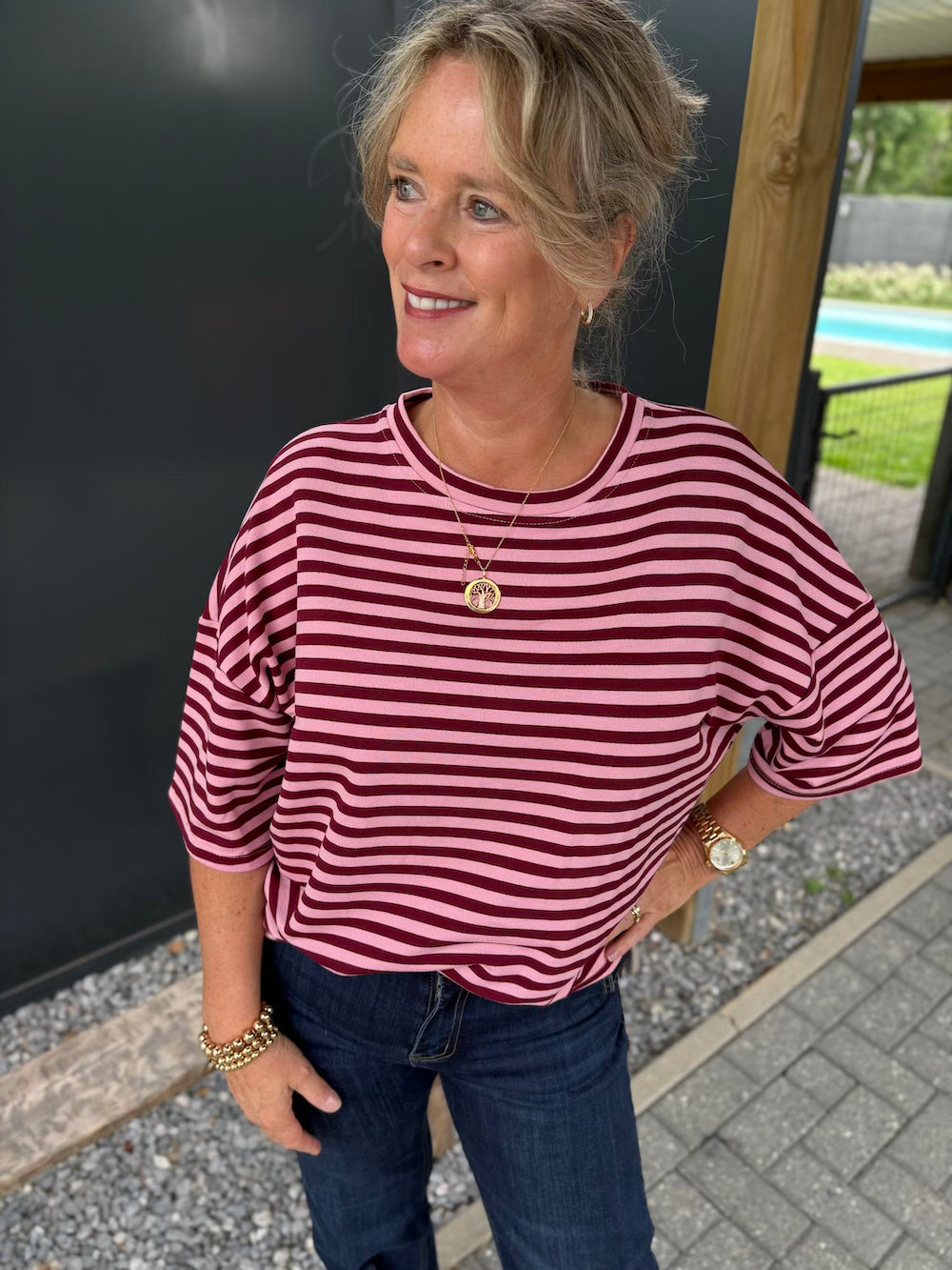 Shirt gestreept bordeaux/roze