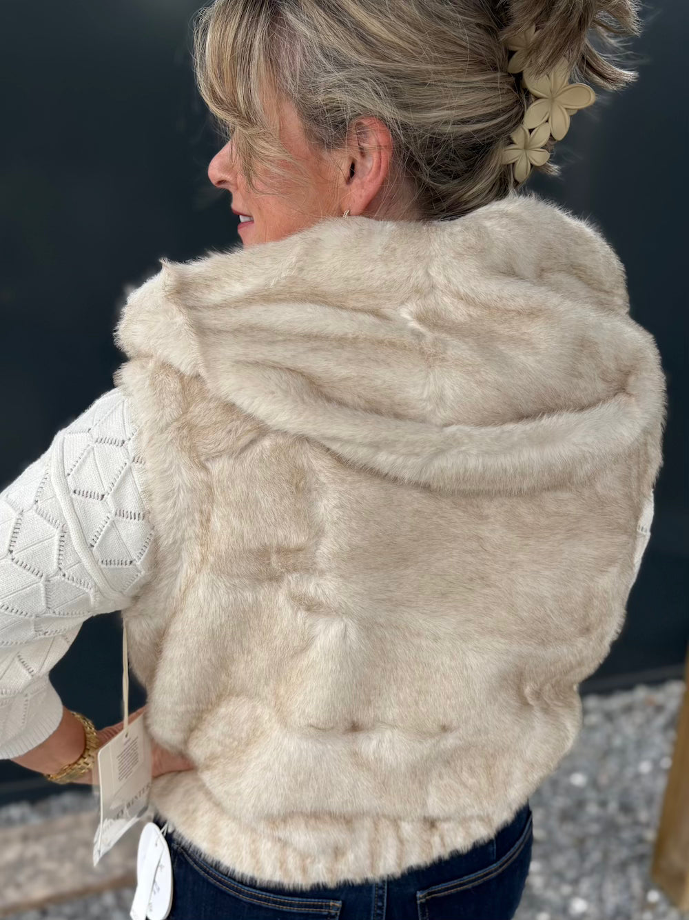 Gilet bont met capuchon beige