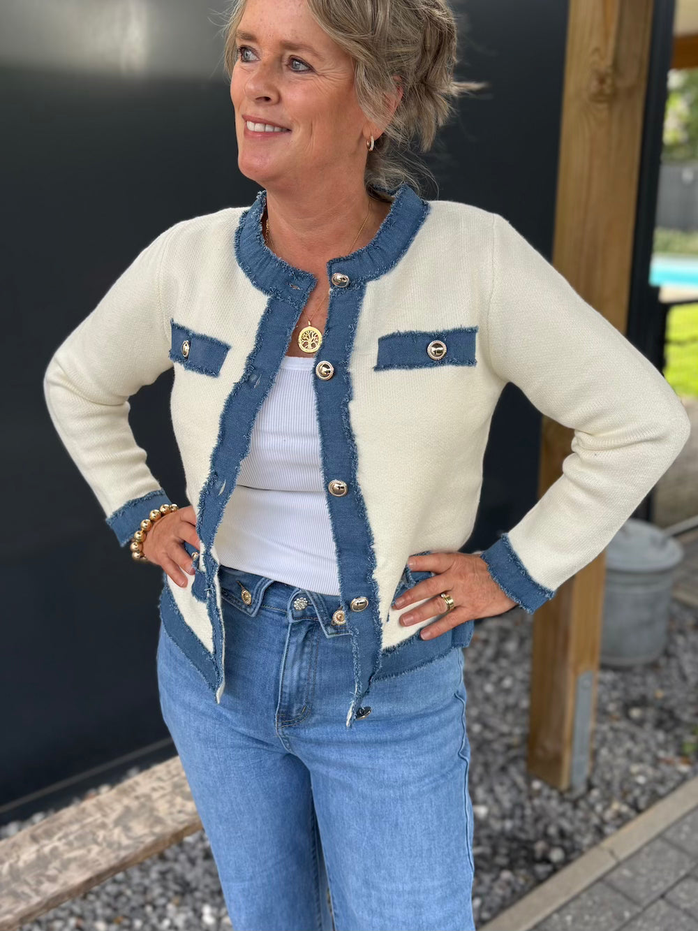 Vestje designer stijl roomwit blauw