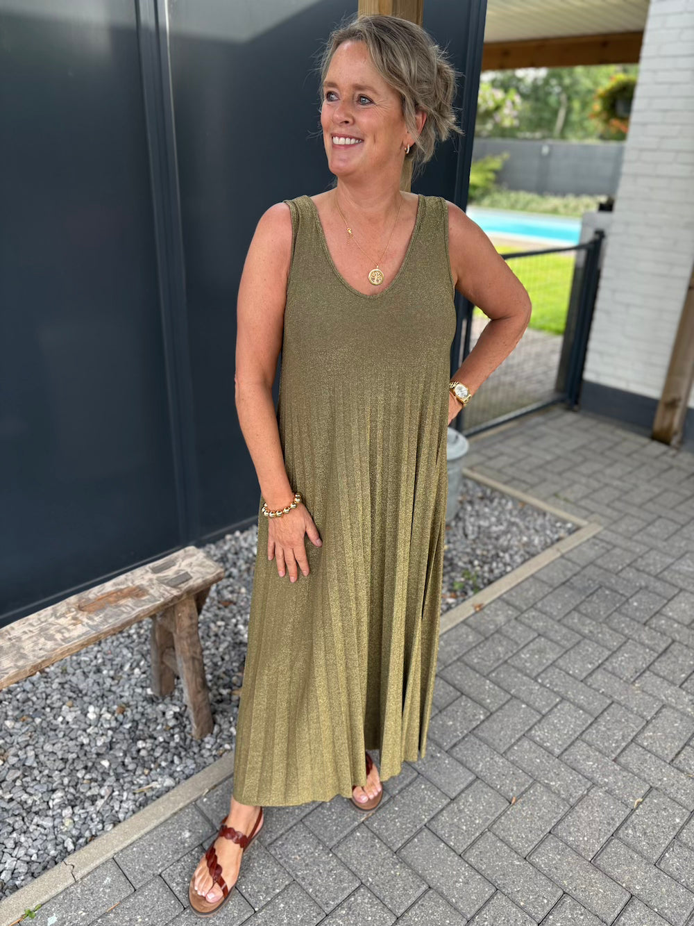 Plisé jurk lurex khaki