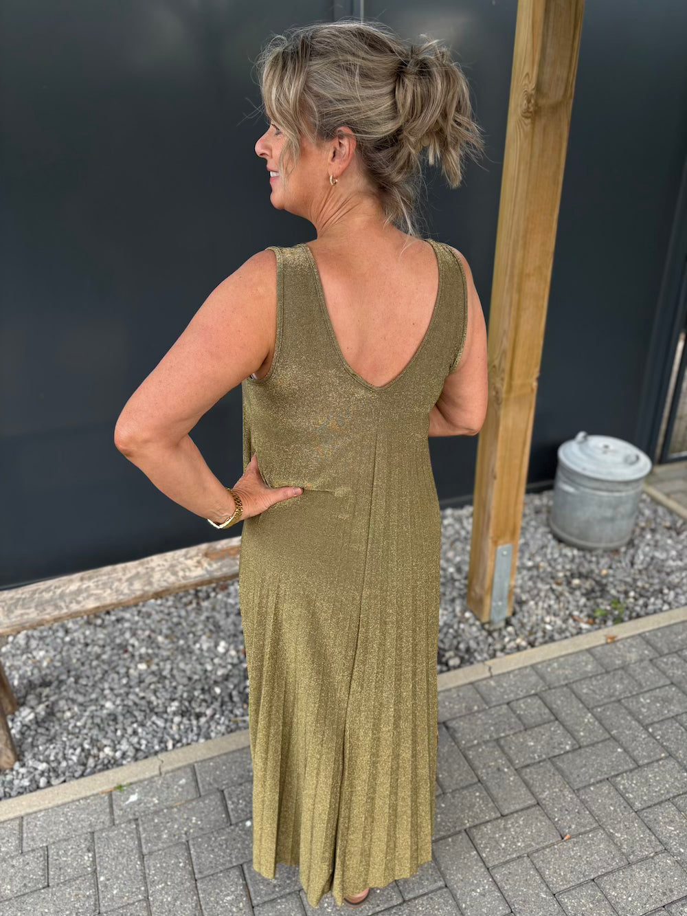 Plisé jurk lurex khaki