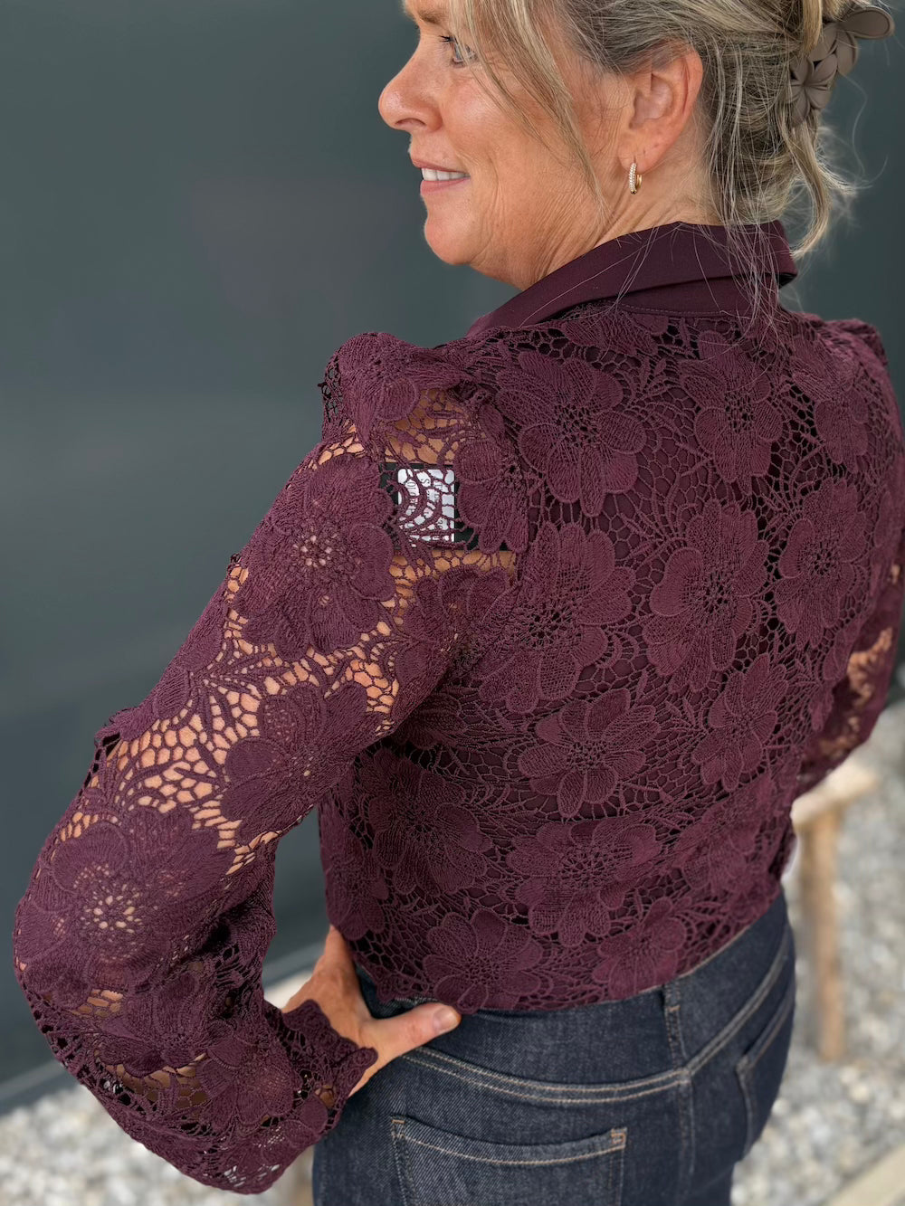 Blouse met broderie mouwen bordeaux
