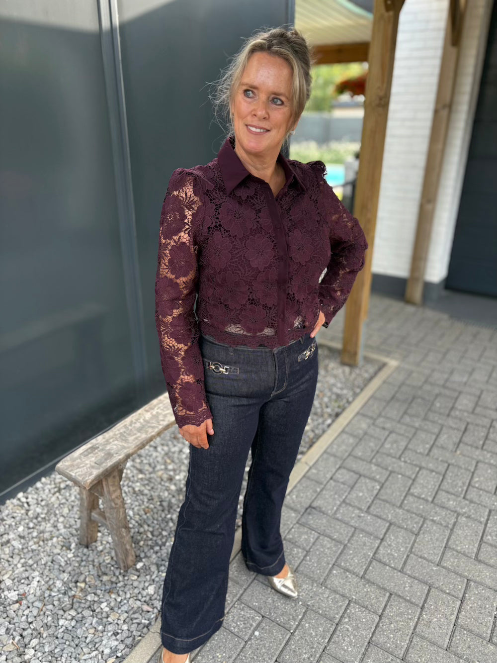 Blouse met broderie mouwen bordeaux