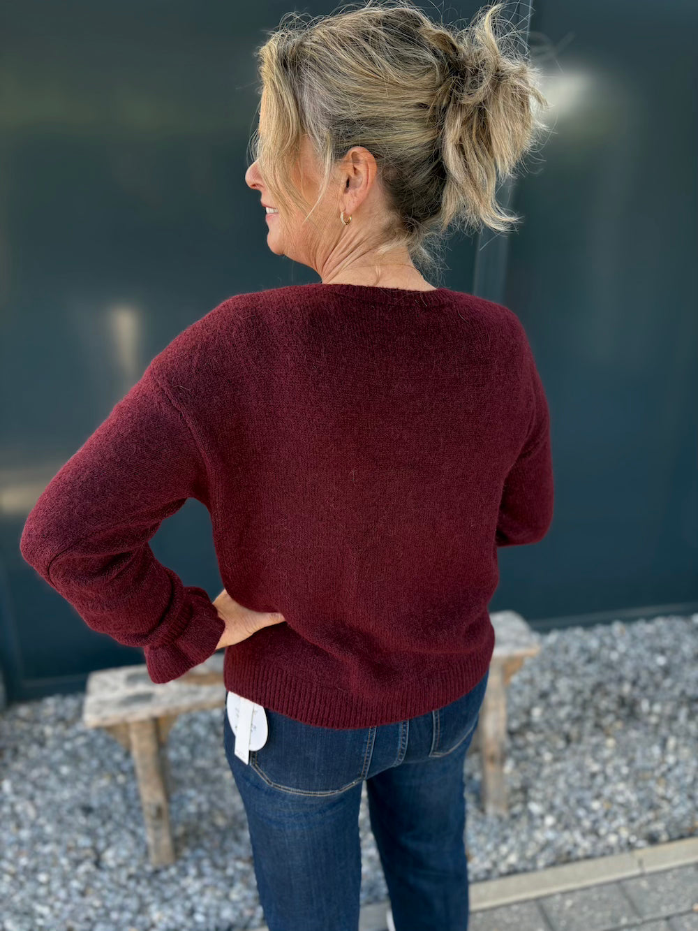 Vestje alpaca lange mouw met froezel manchet burgundy