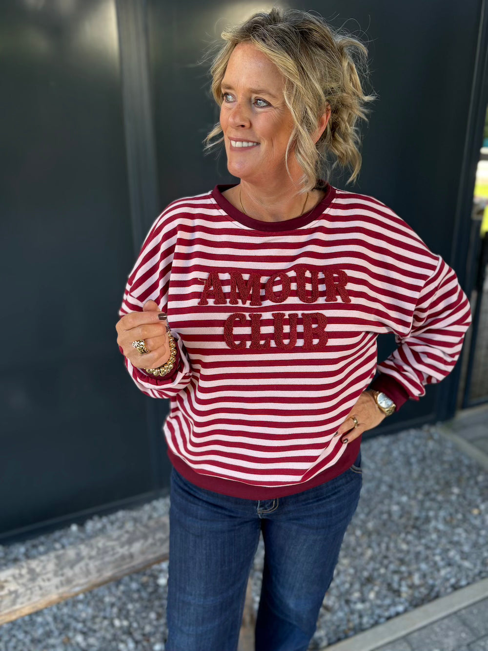 Sweater amour club gestreept bordeaux/ roze