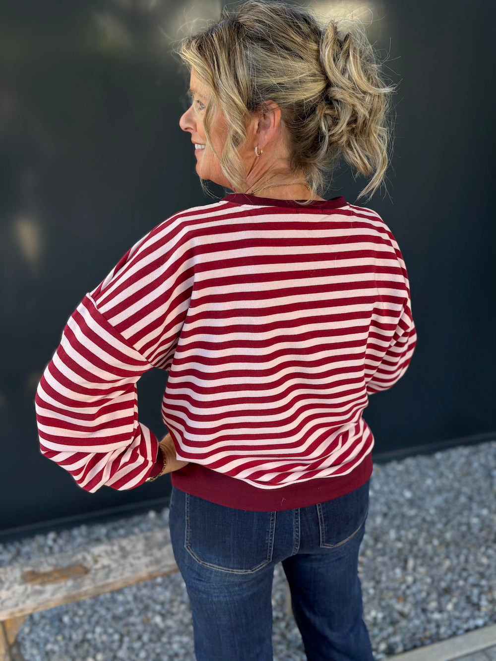 Sweater amour club gestreept bordeaux/ roze