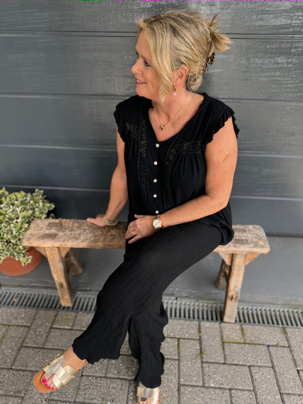 Crinkle broek zwart stretch