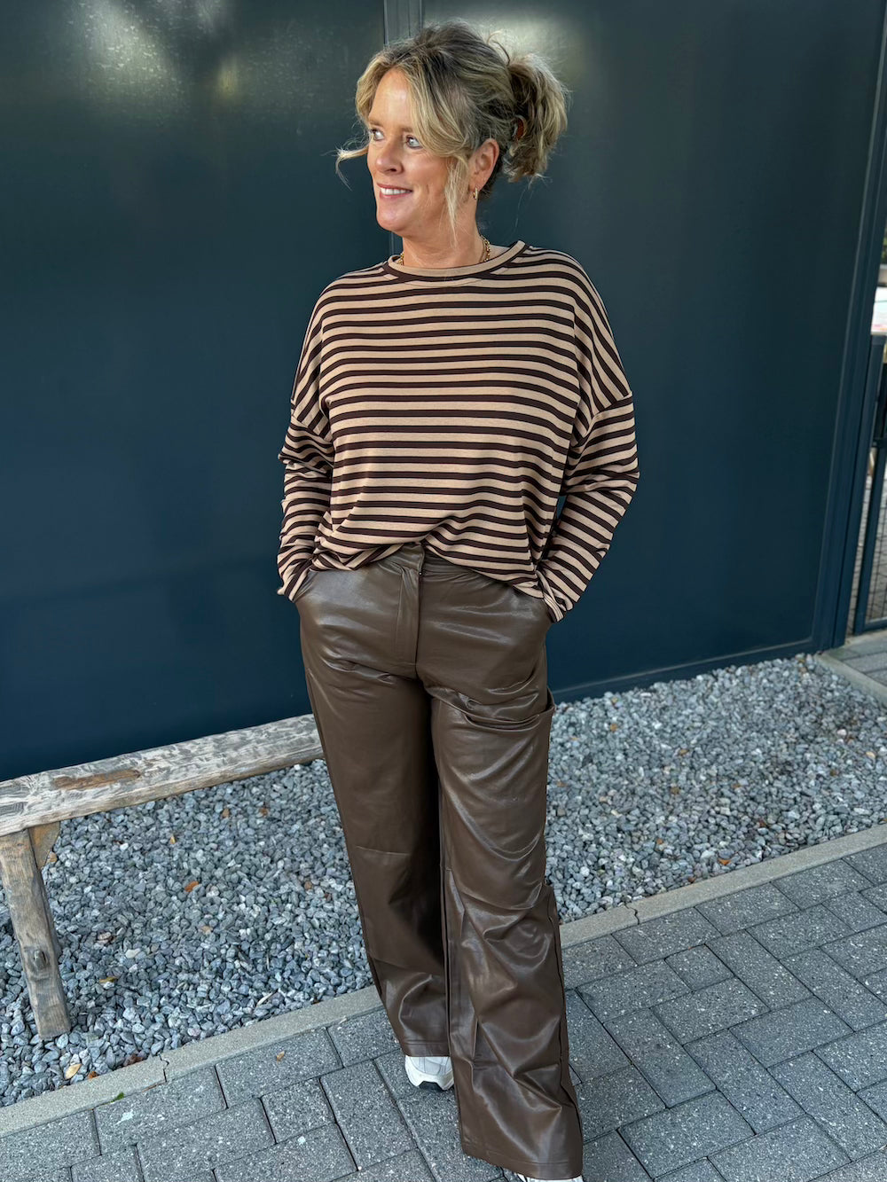Long sleeve shirt gestreept beige/ bruin