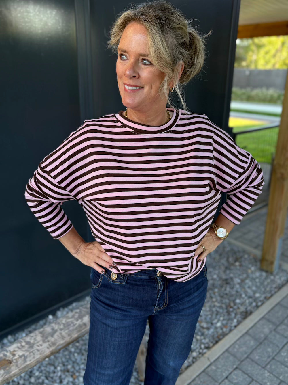Long sleeve shirt gestreept roze/bruin