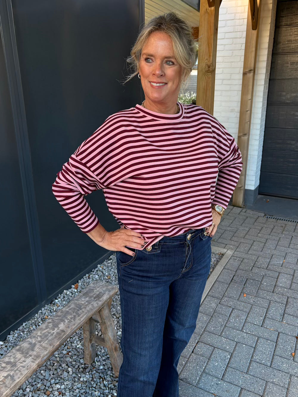 Long sleeve shirt gestreept roze/ bordeaux