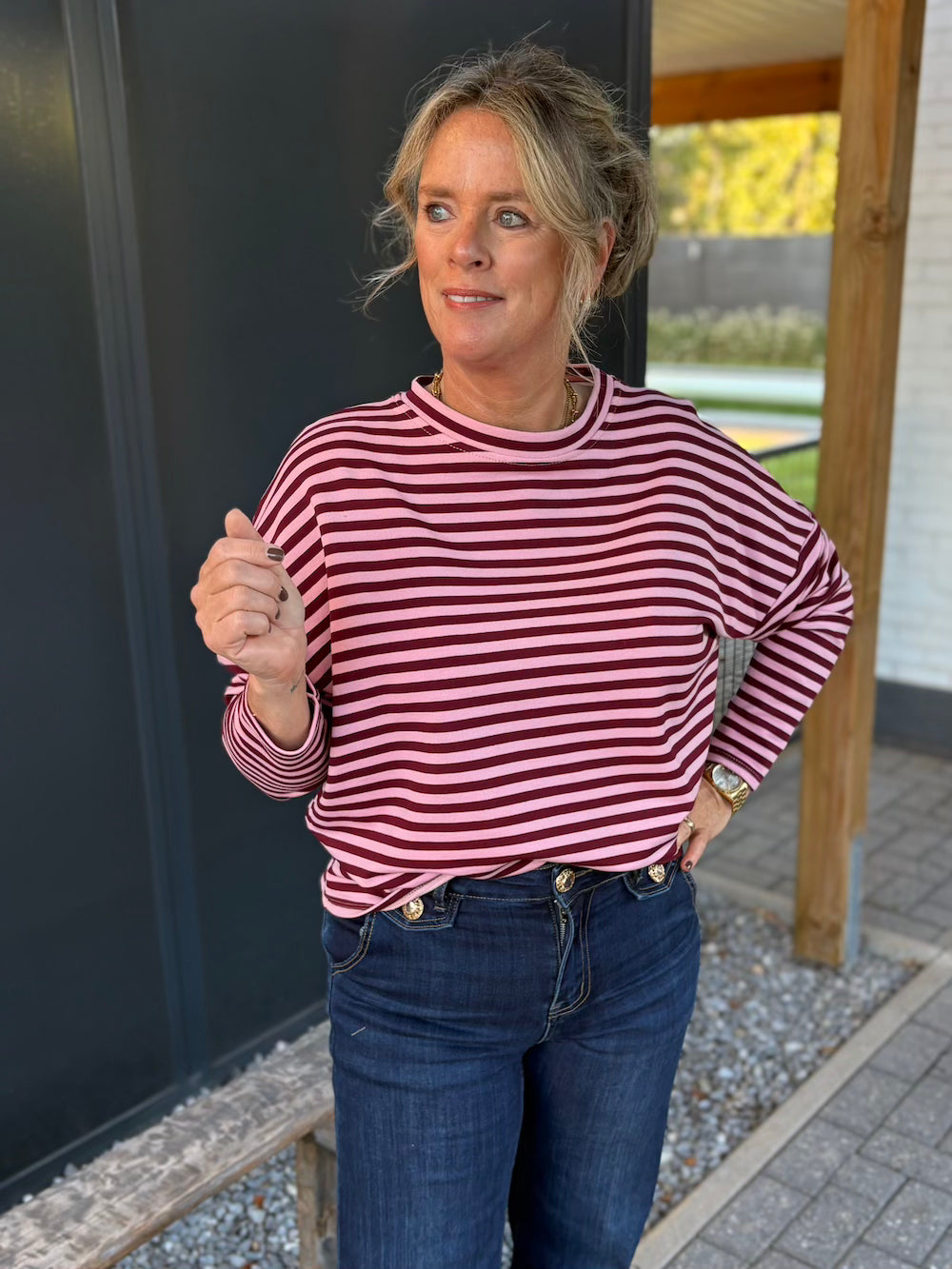 Longsleeve gestreept roze bordeaux