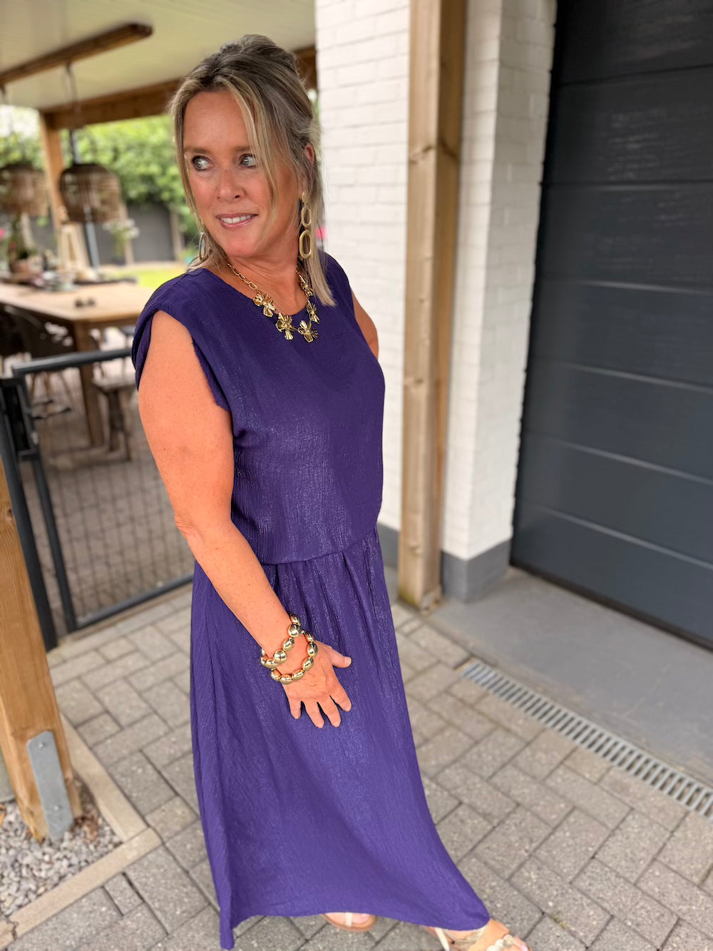 set rok en top met elastische taille paars