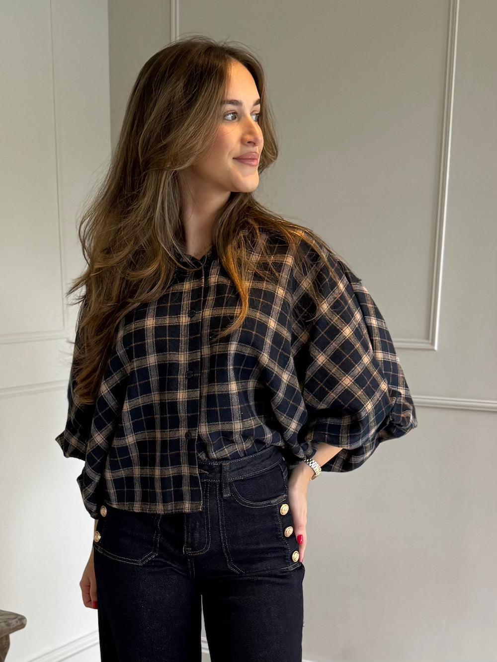 Geruite blouse pofmouw met knoopje