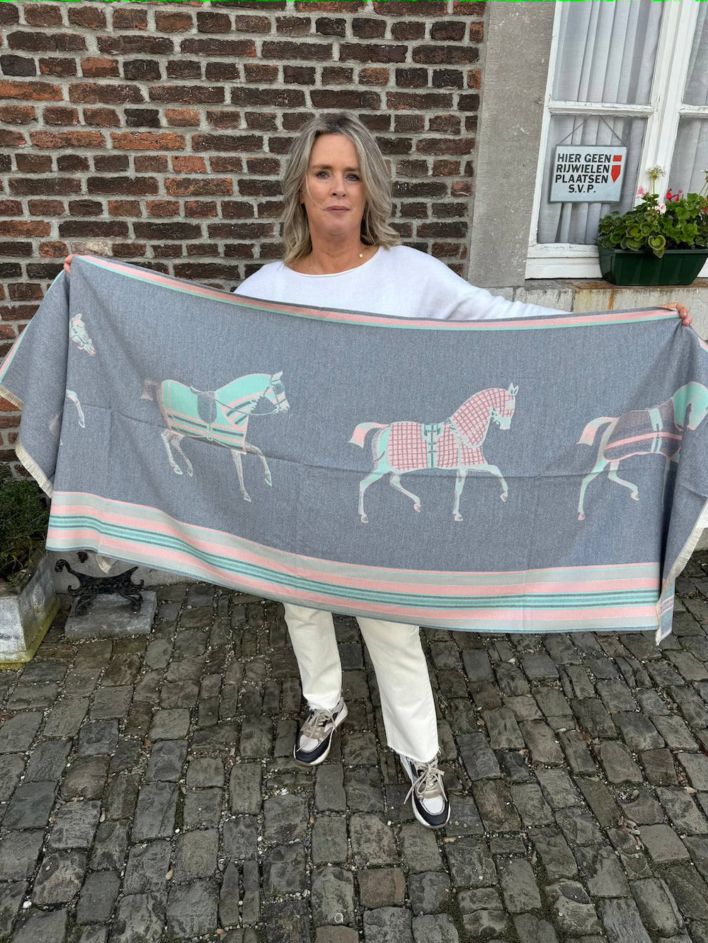 Sjaal designer print grijs roze paarden