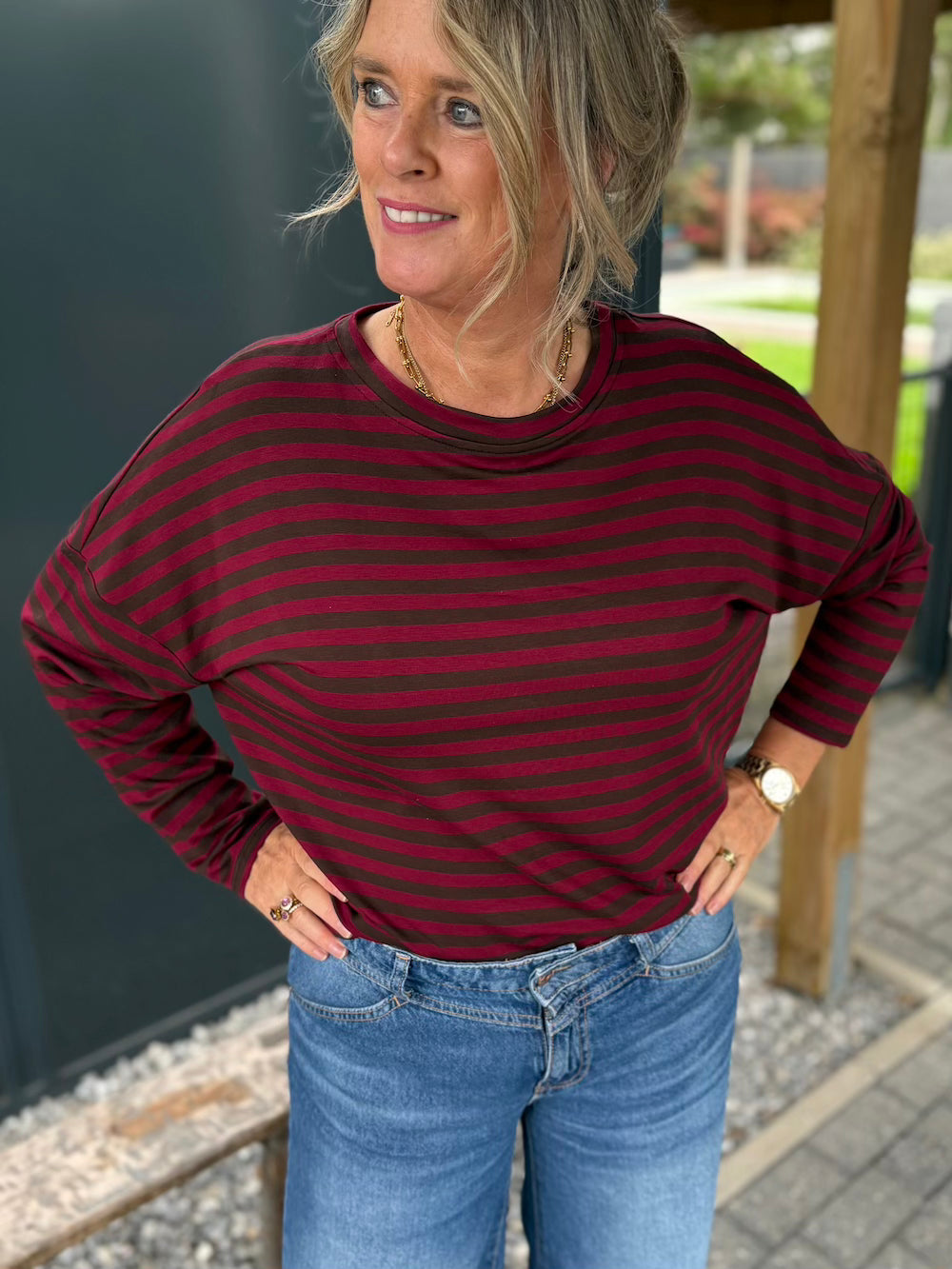 Long sleeve shirt gestreept bordeaux/bruin