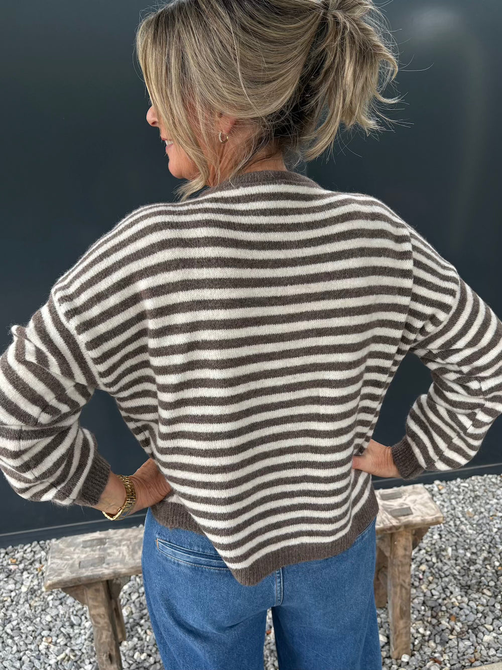 Vestje taupe creme gestreept