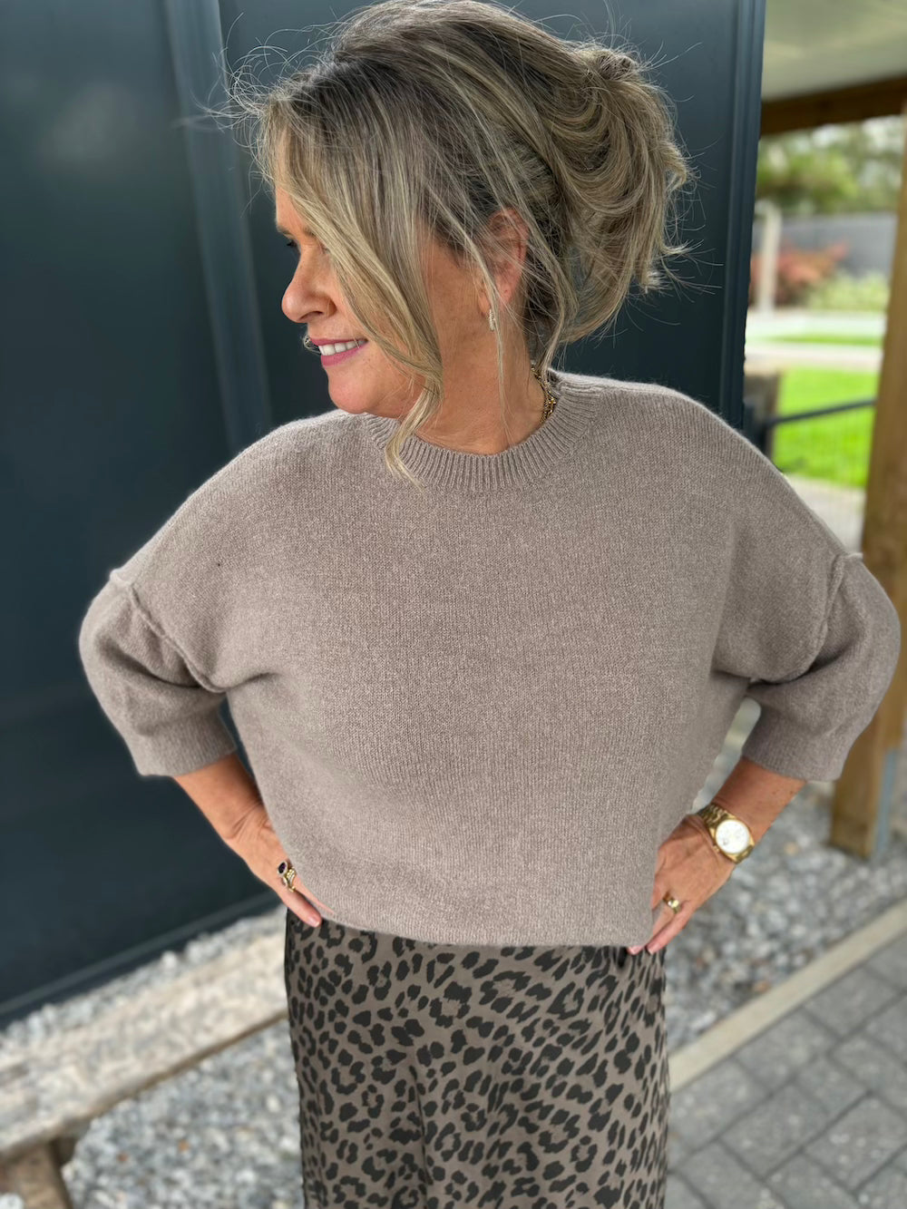 Alpaca trui 3/4 mouw taupe