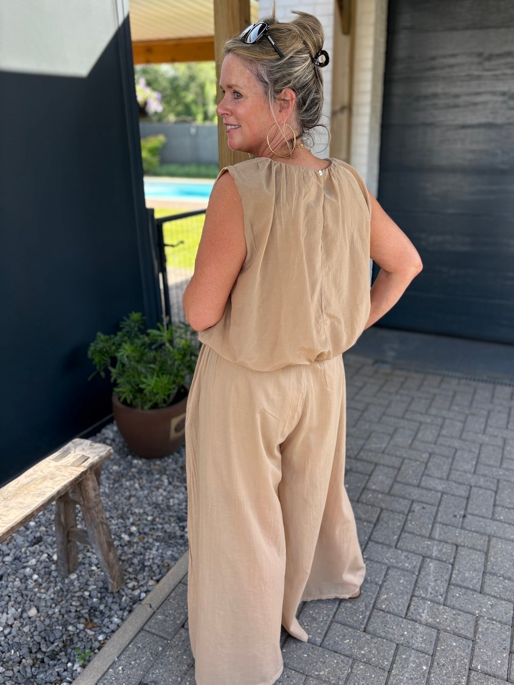 set katoen camel top en broek