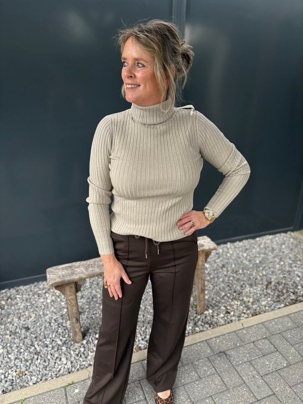 Pantalon met elastische taille bruin