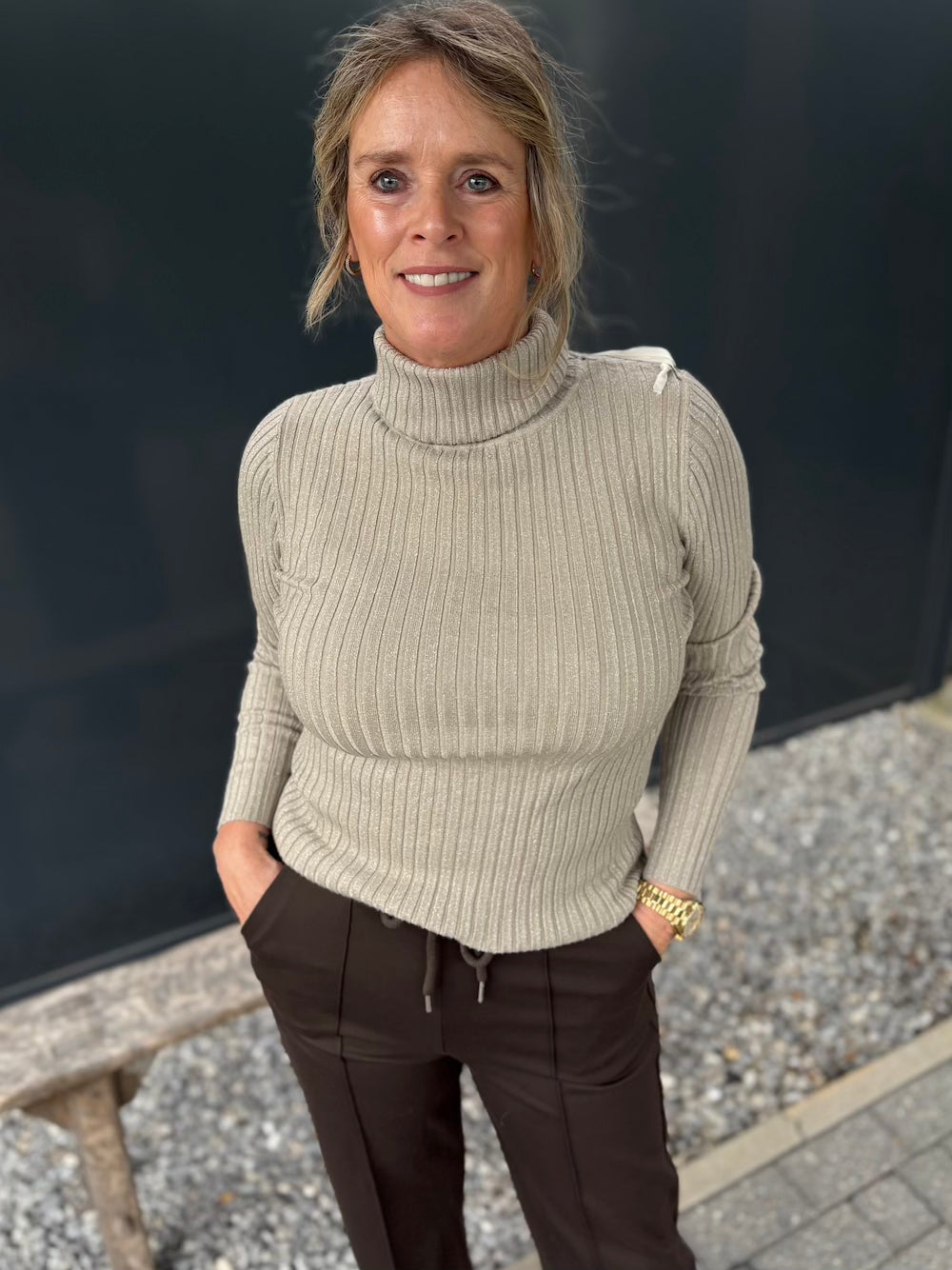 Ribbel coltrui met lurex beige